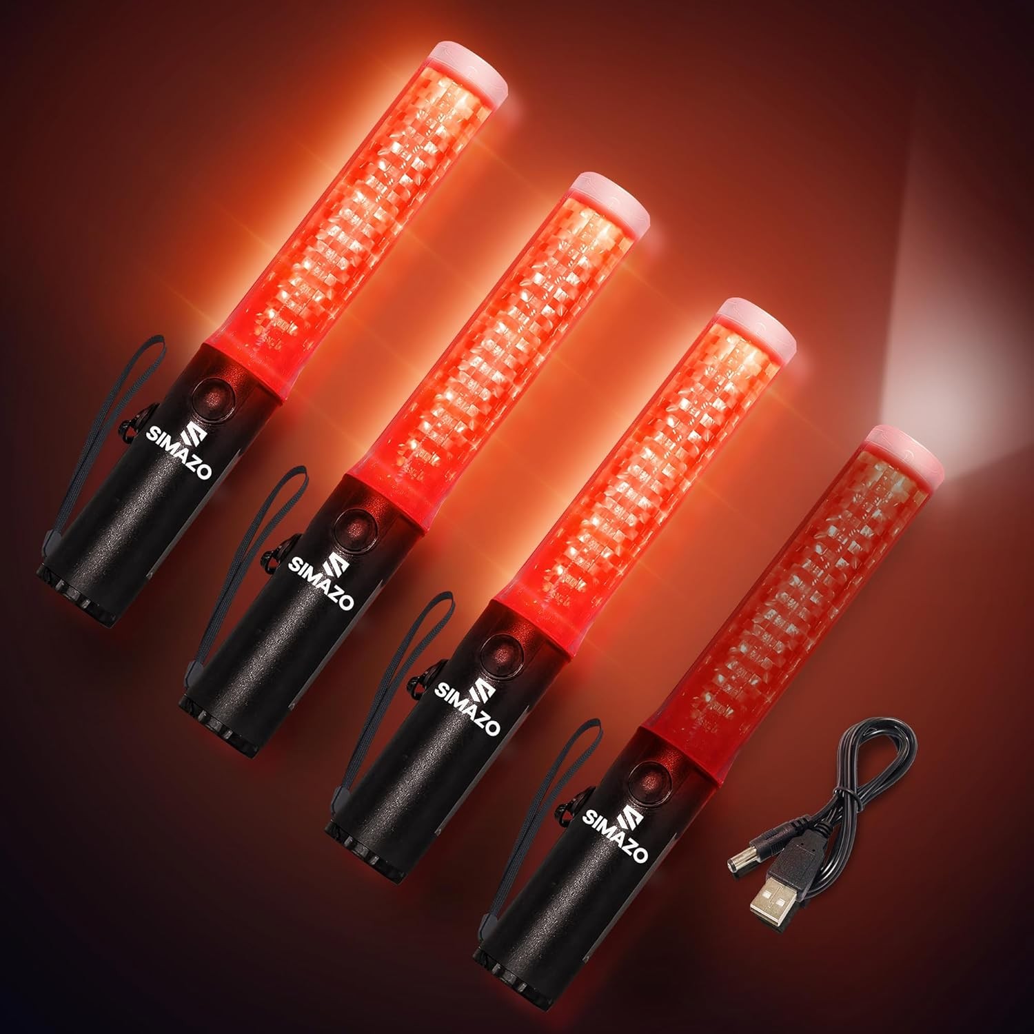 4 Pack 10 Inch Rechargeable Traffic Signal Wand, Control 4 Pack, Red
