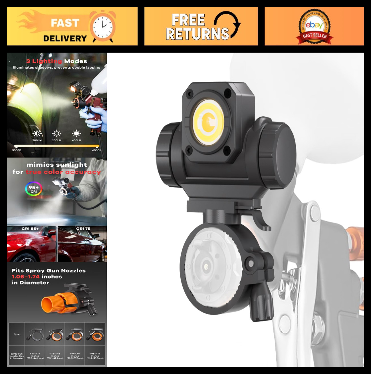 Rechargeable LED Paint Spray Gun Light, 450LM, 3 Modes, 3500-6500K, 360° Swivel