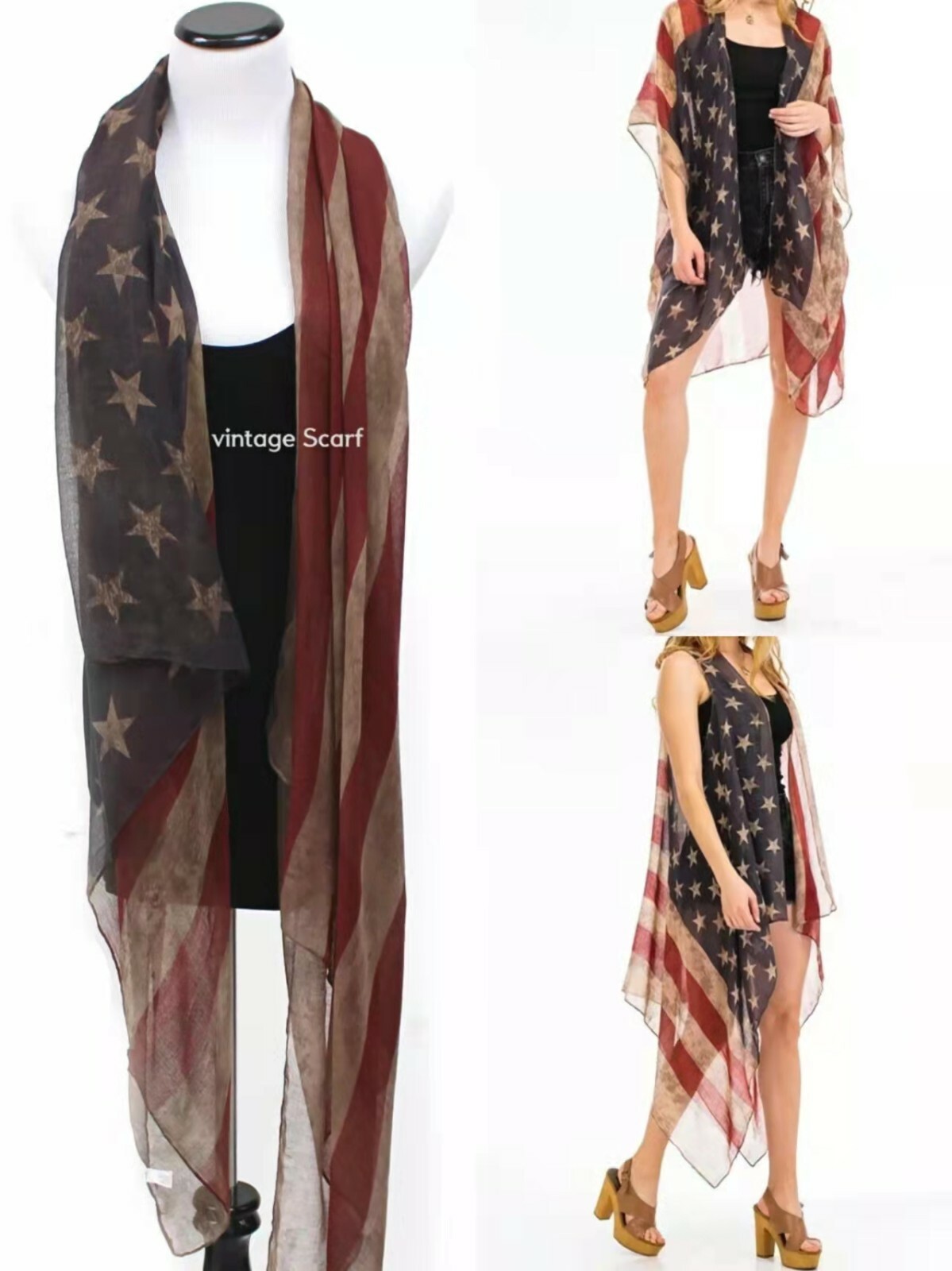 Vintage Patriotic American flag scarf/ kimono / USA bandana/ headband/hand fans