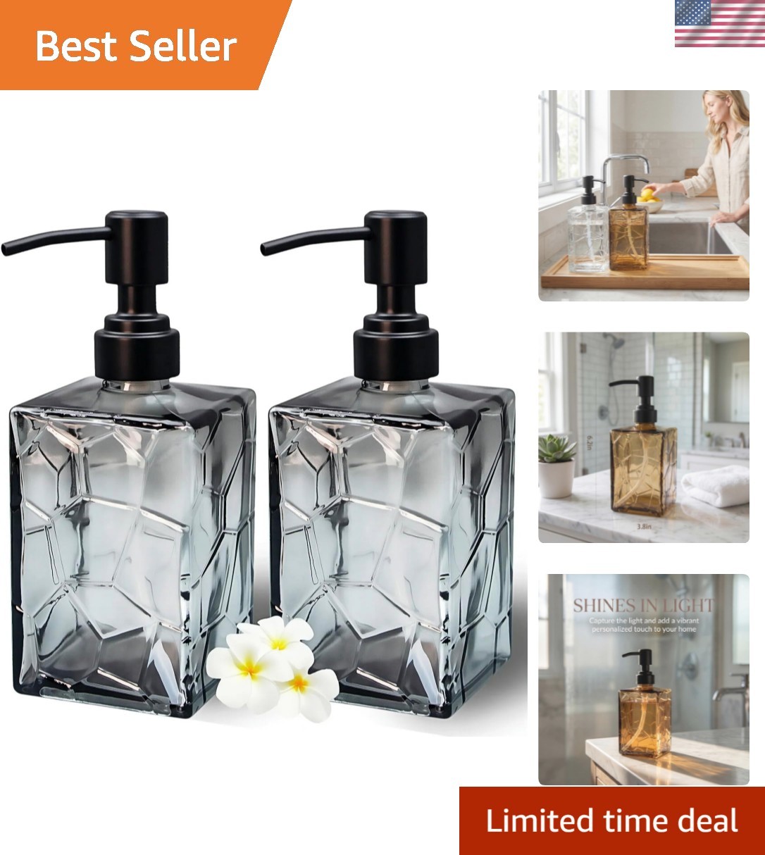 13 Oz Glass Soap Dispenser with Adopting ice Crackle and Square Design，Refill...