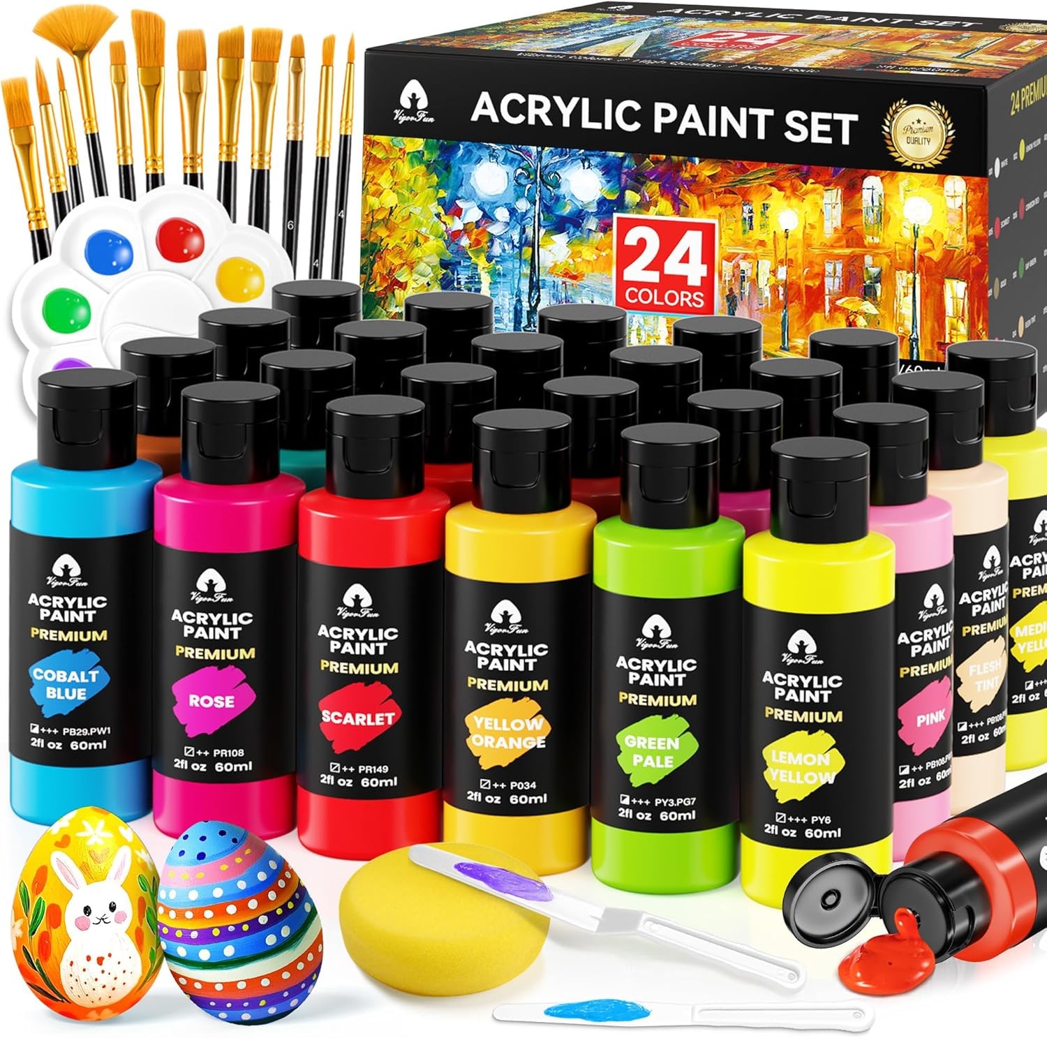 40 Pcs Acrylic Paint Set with 12 Brushes, 2 2 Fl Oz (Pack of 24), Classic