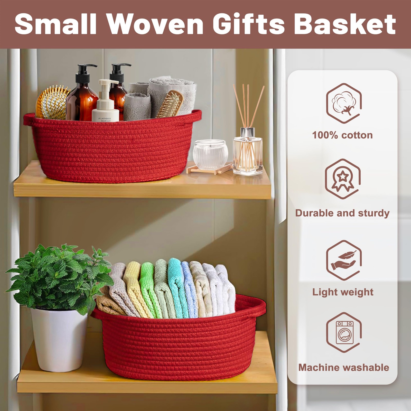 Bufims Small Woven Red Gifts Basket for Storage Empty with Ribbons and Bags D...