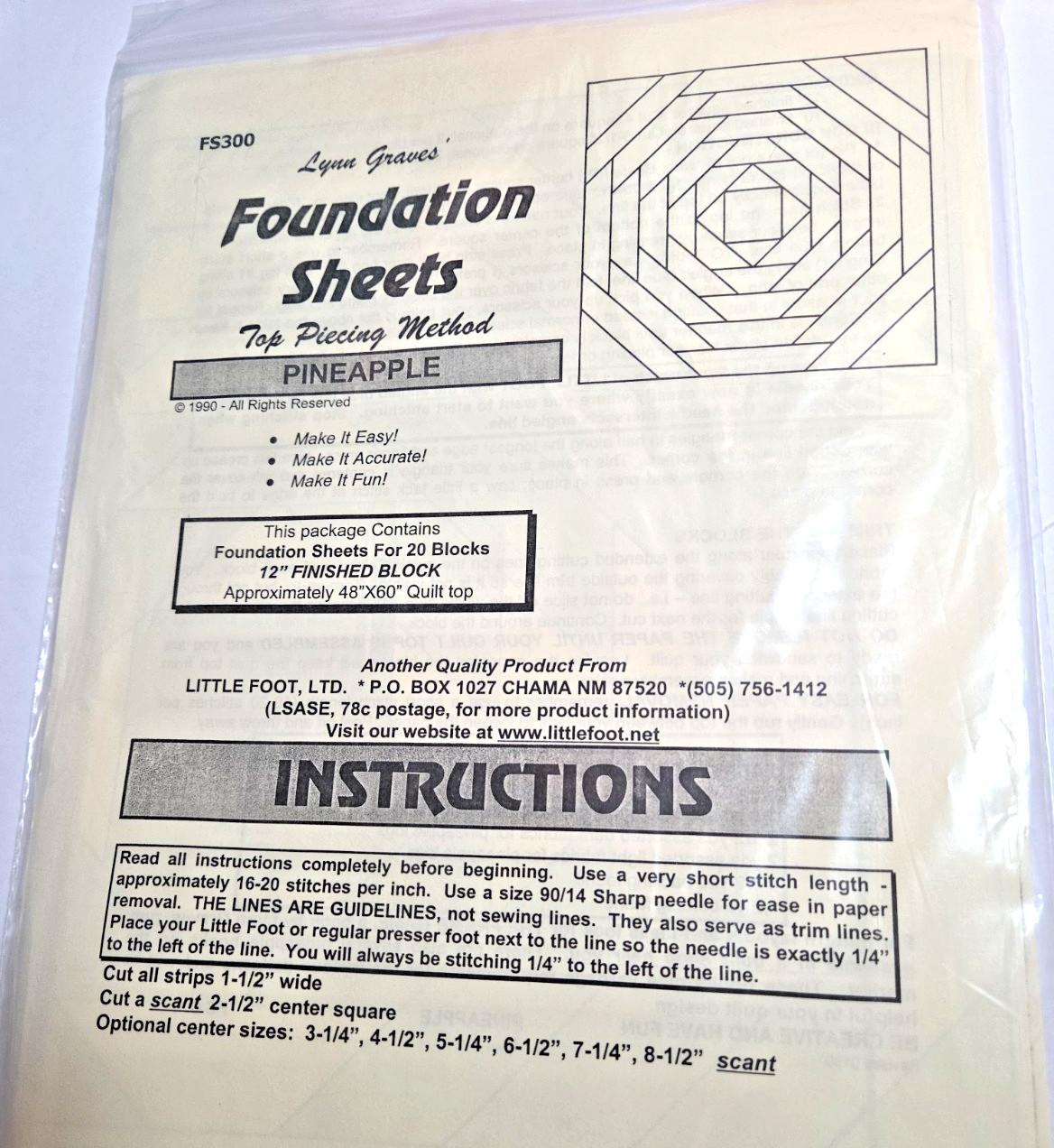 Lynn Graves Foundation Sheets FS300 Pineapple 12" Quilt Blocks 1990
