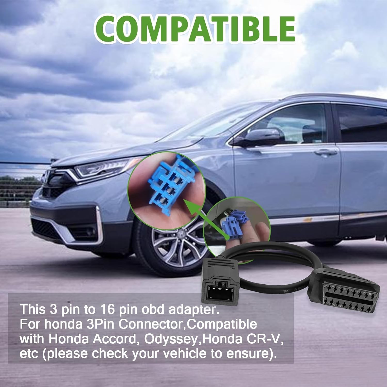 OBD2 Convertor Adapter for 3Pin to 16 Pin Diagnostic Code Reader Cable for Honda