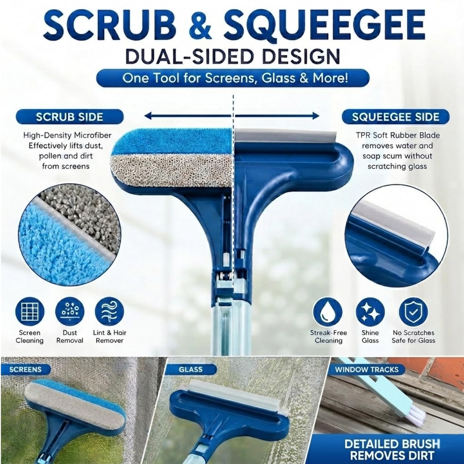 Blue 3 in 1 Window Screen Cleaner Brush Mesh Cleaning Tool