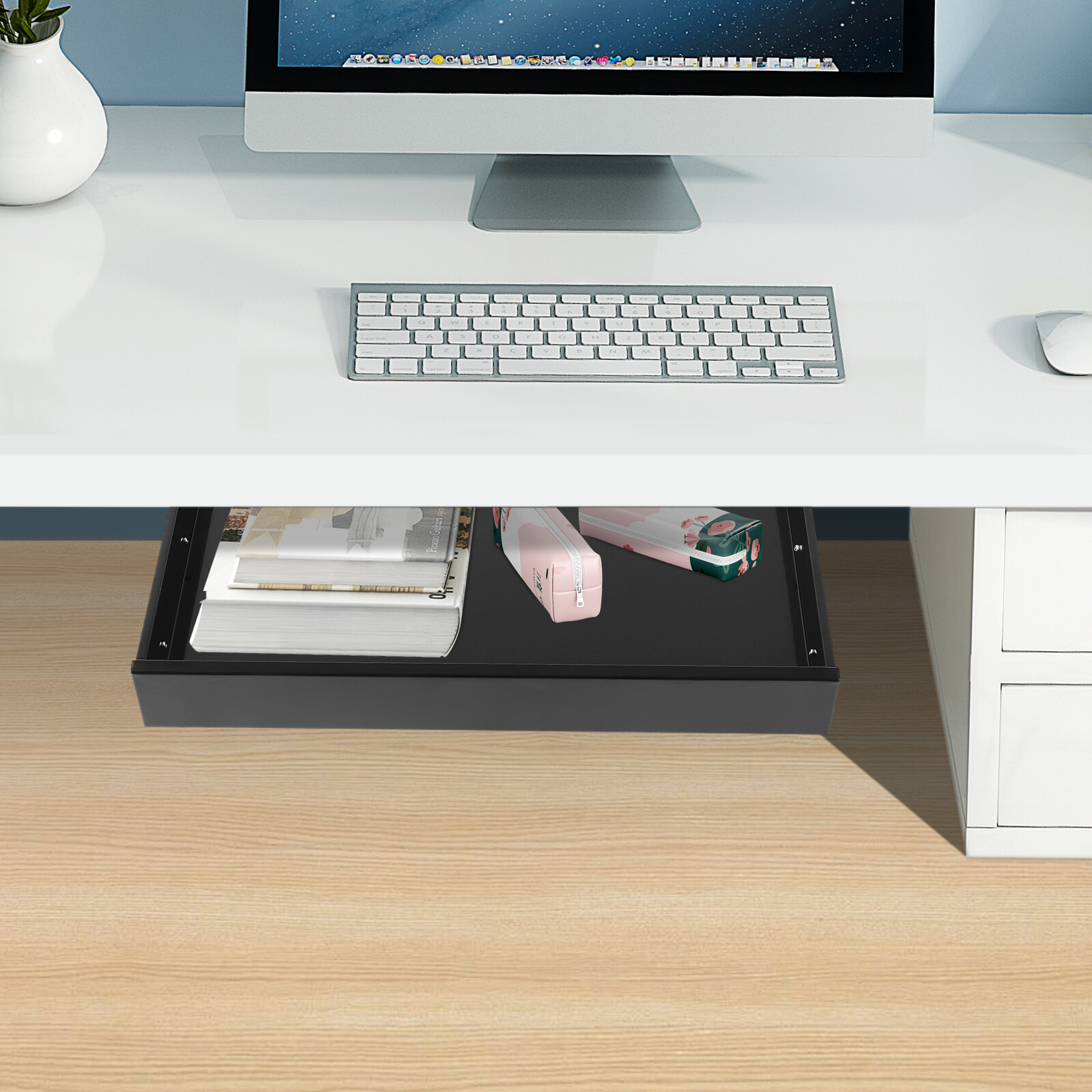 Under Desk Mounted Sliding Pull-out Drawer Storage Organizer For Workstations