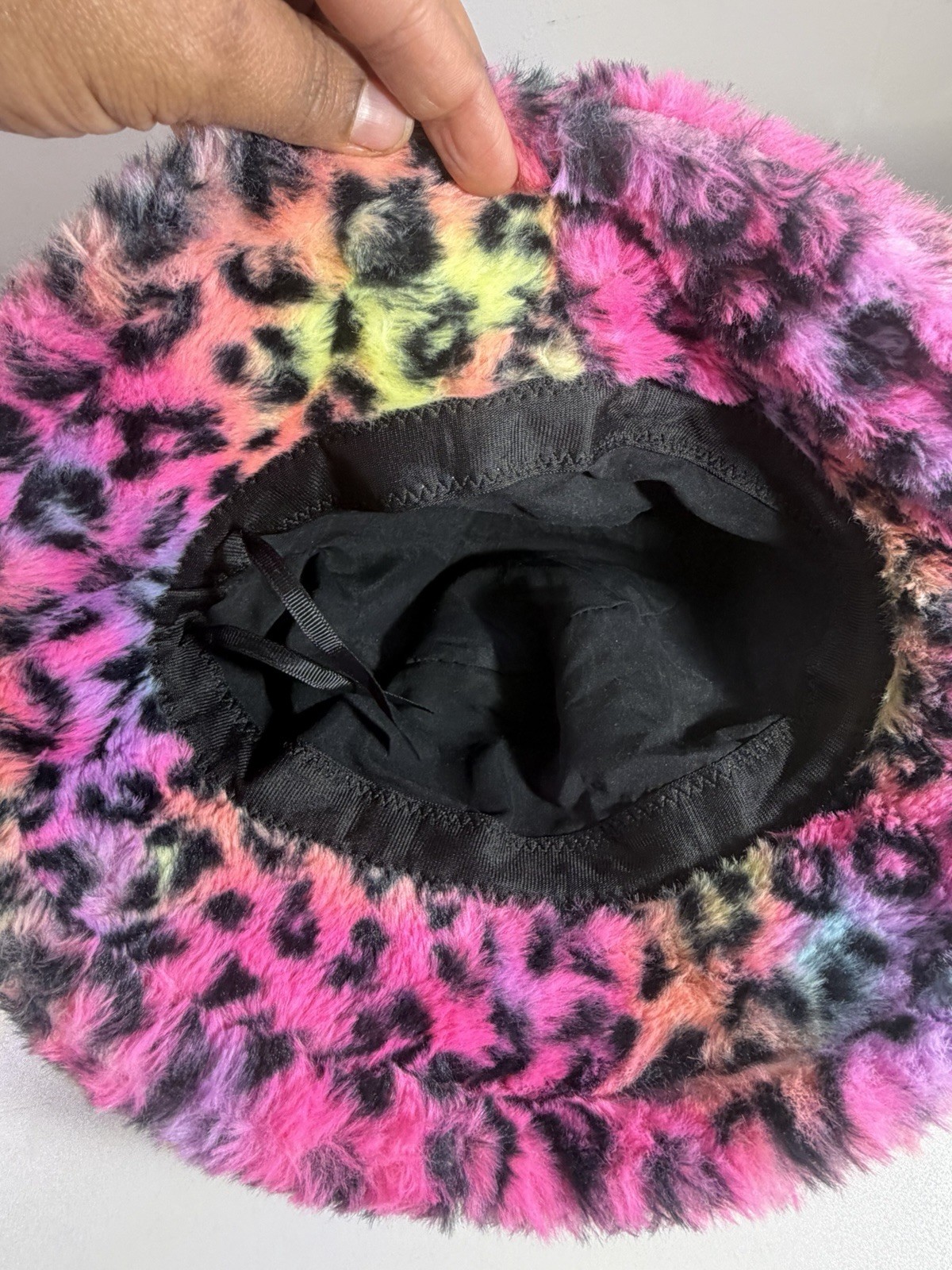 Multicolor Faux Fur Leopard Print Bucket Hat Wide Brim Fur Trim UNISEX One Size