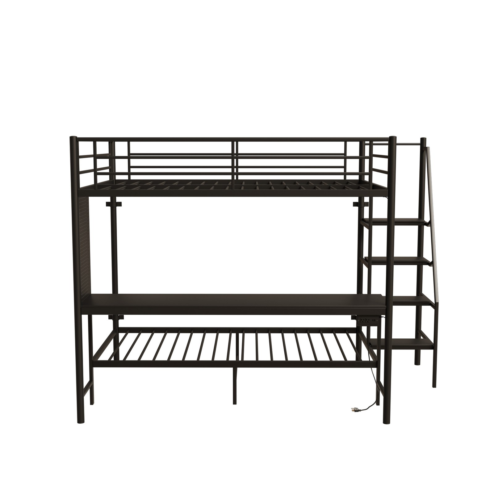 Modern Metal Bunk Bed Full Size Black Bed Frame w/LED light and Charging Socket