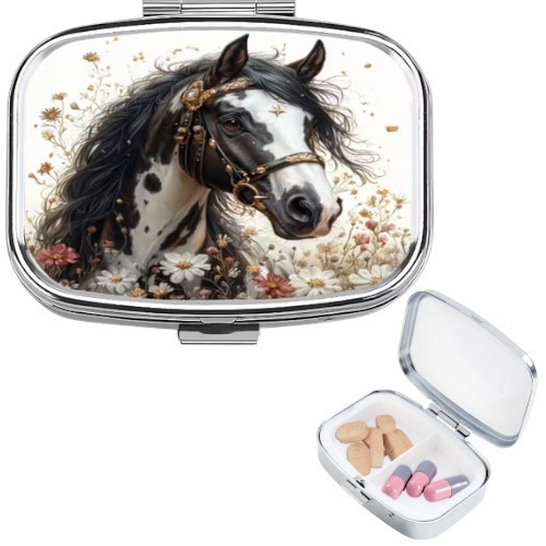 Horse & Floral Pill Box Organizer with 2 Compartments Travel Friendly Size