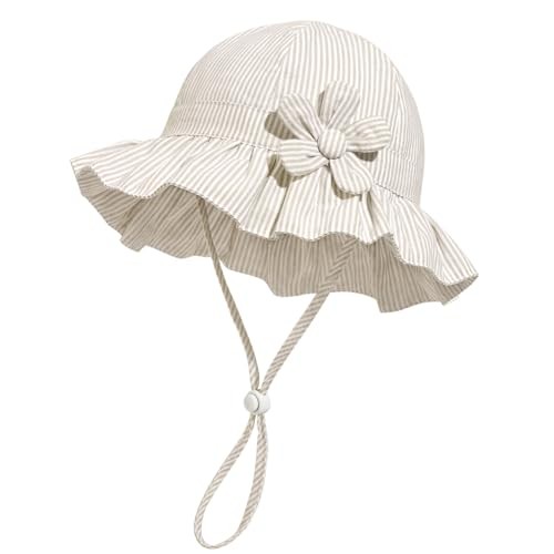 Baby Girl Wide Brim Bucket Hats with UPF 50+ 6-12 Months Beige Stripe -Petal