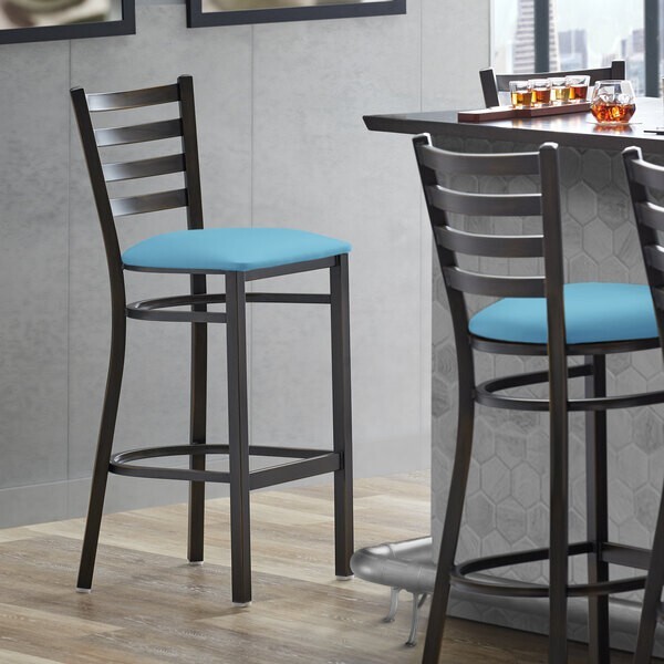 10 PACK Distressed Copper Ladder Back Metal Restaurant Barstool With Blue Vinyl