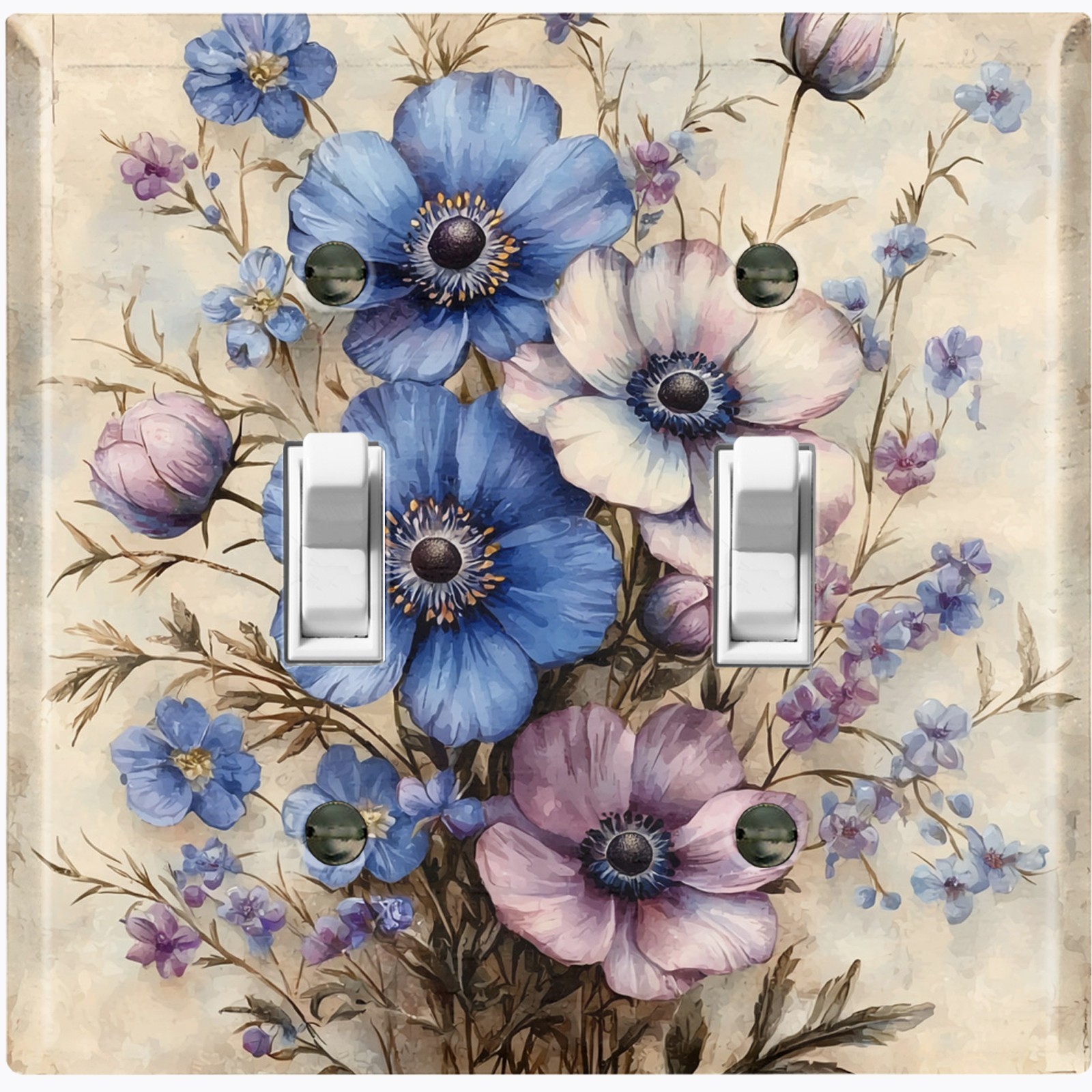 Metal Light Switch Outlet Cover Wall Plate Faded Blue Purple Flowers FWR147