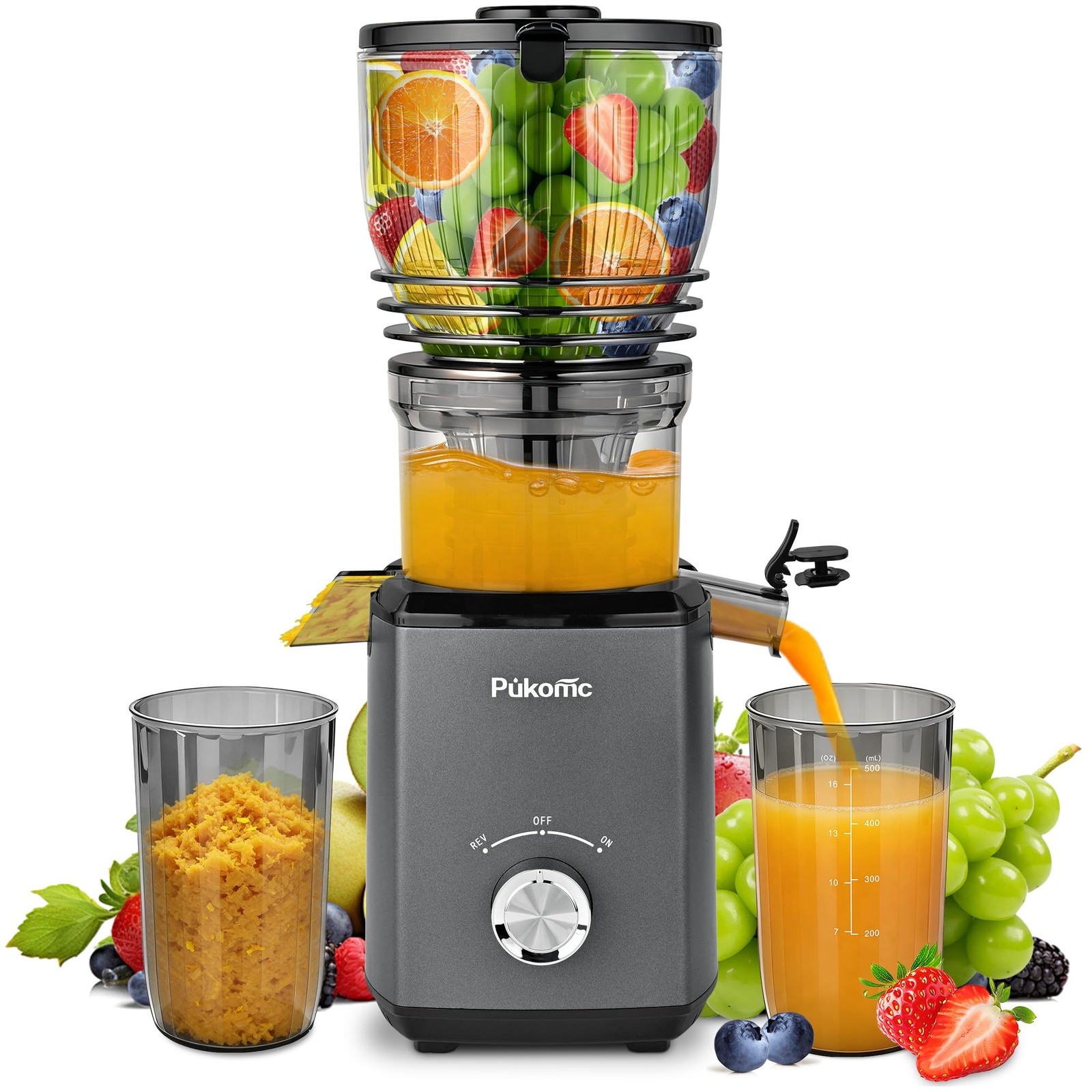 Pukomc Cold Press Juicer, 5.8-inch wide feed chute for whole fruits and veget...