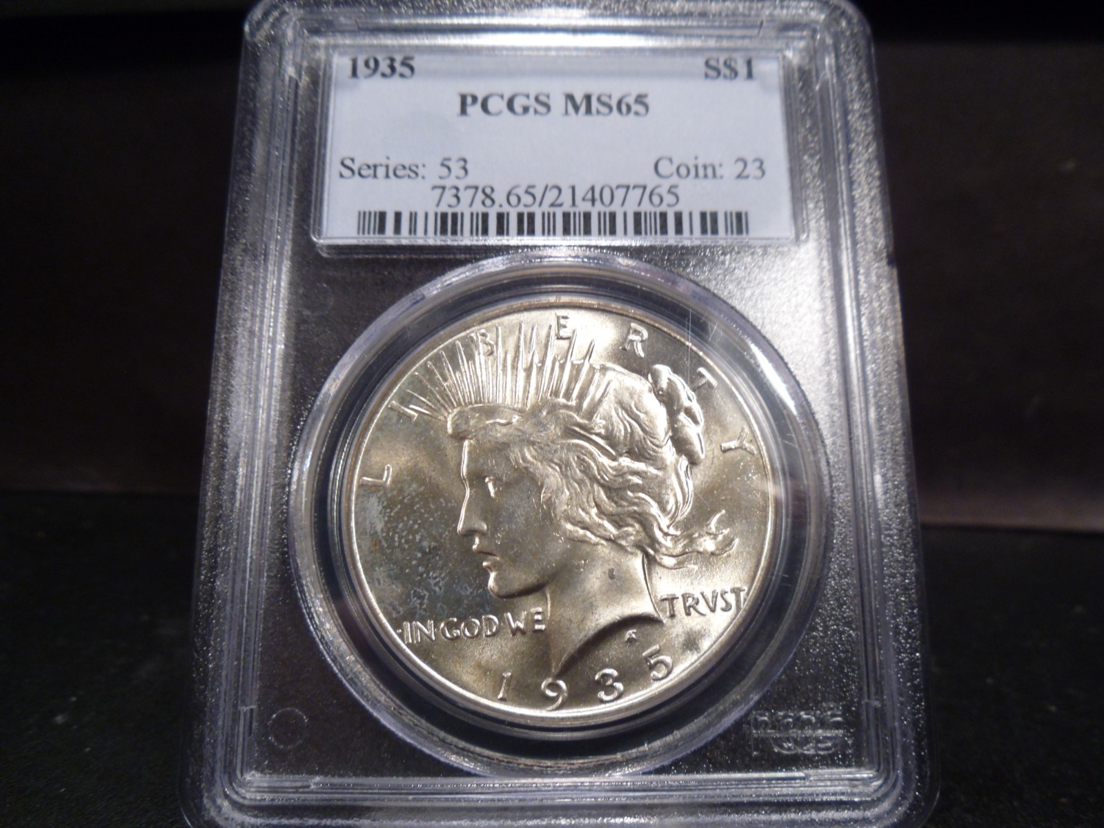 1935 MS65 Peace Dollar PCGS Certified Gem - White/Faint Gold Hue