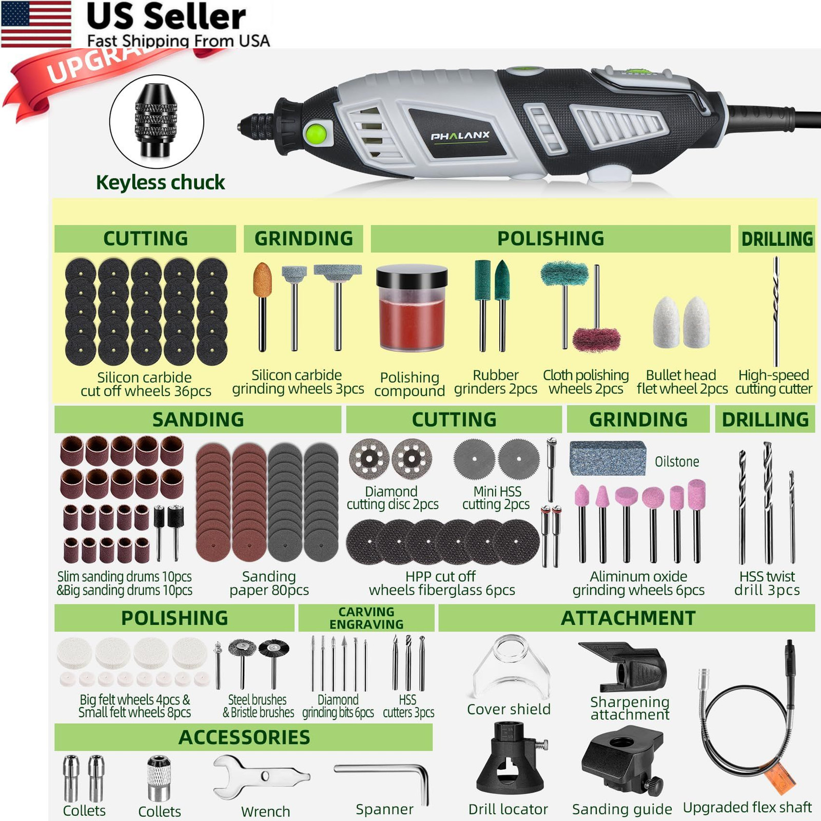 PHALANX 180W Rotary Tool Kit, 1.5-Amp 6 Variable Speed 213pcs