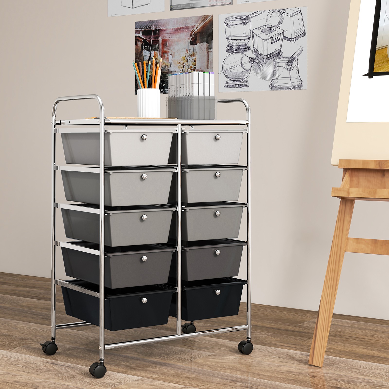 10-Drawer Storage Cart Utility Rolling Trolley Kitchen Organizer Black Gradient