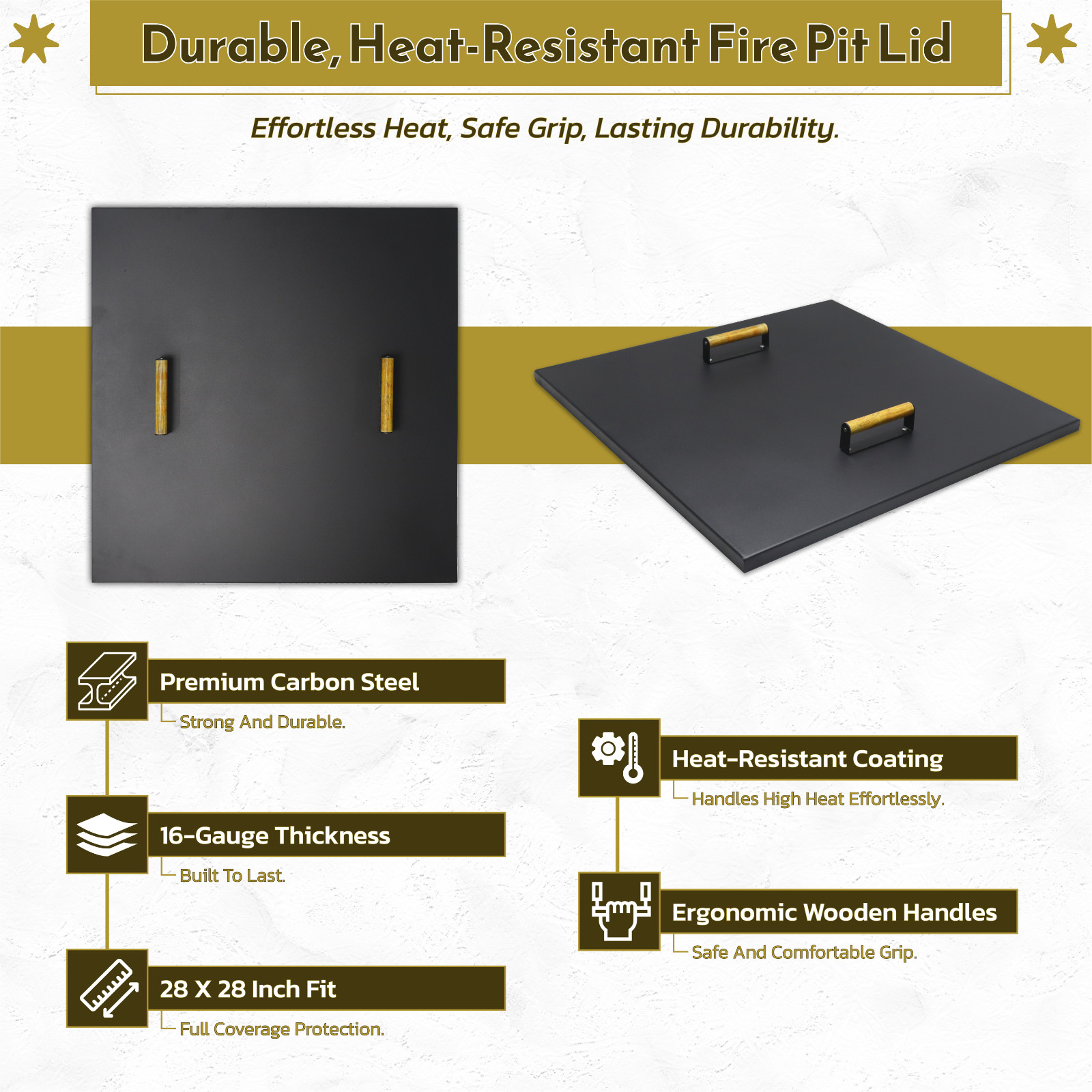 FEBTECH 30" Square Fire Pit Snuffer Lid for 28" FirePit with Wooden Handles