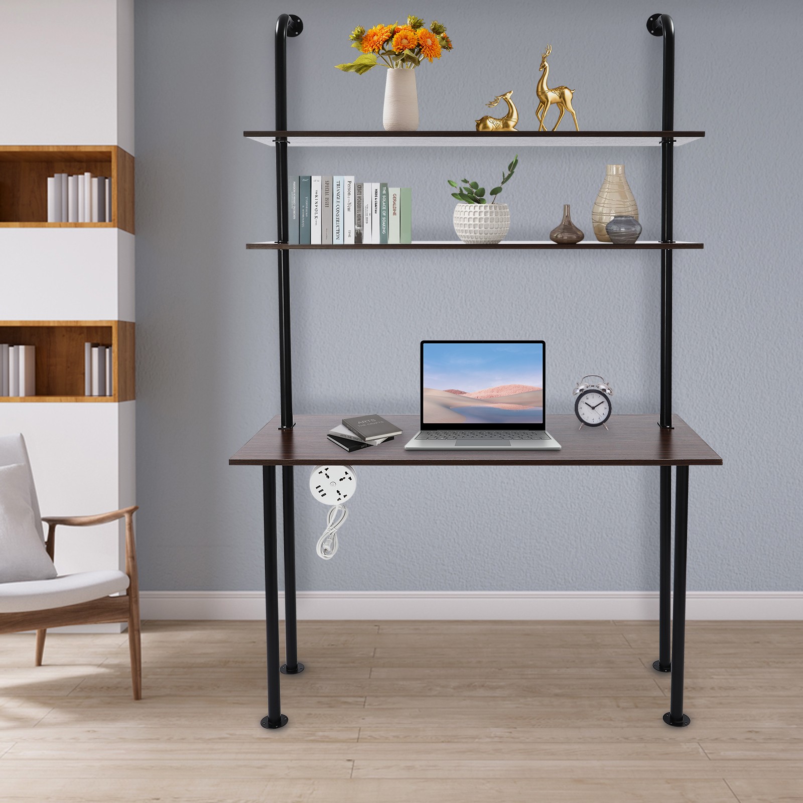 Wall Mounted Table Standing Desk Modern Black Computer Laptop Desk W/Power Strip