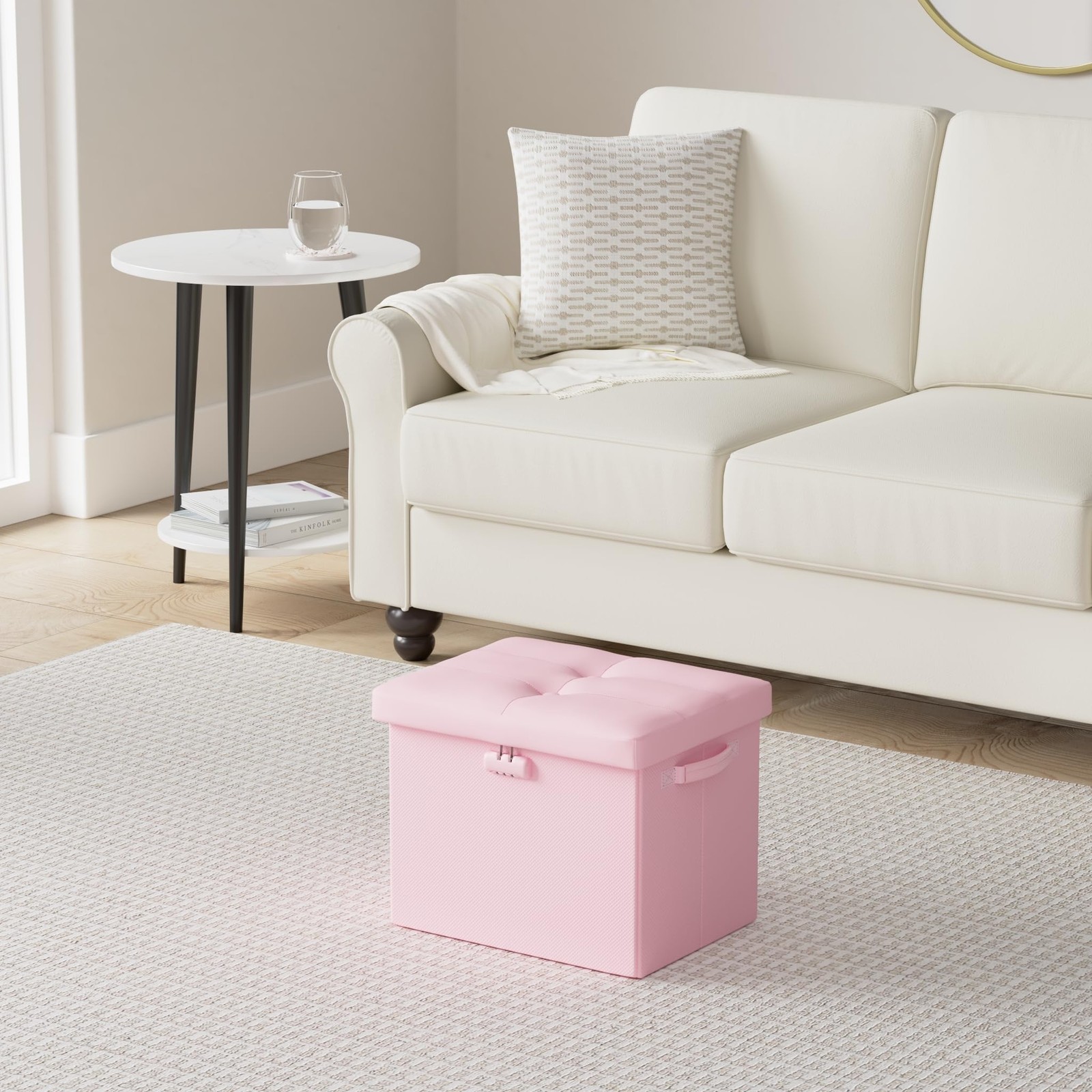 Storage Ottoman Foot Rest Stool Lock Folding Leather Bench Pink 17x13x13in New