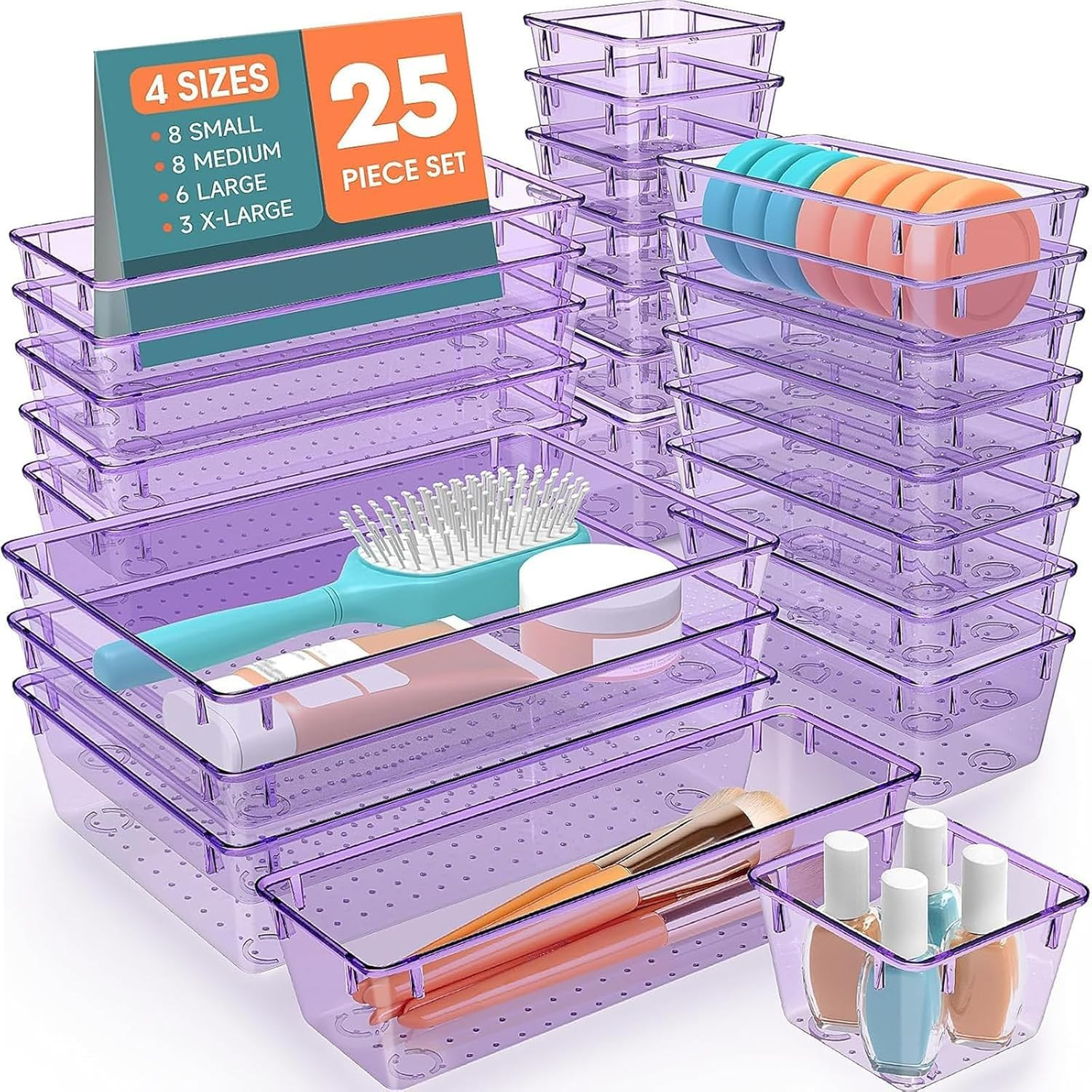 25 PCS Plastic Drawer Organizer Set, 4-Size Versatile Organizer Trays & Storage