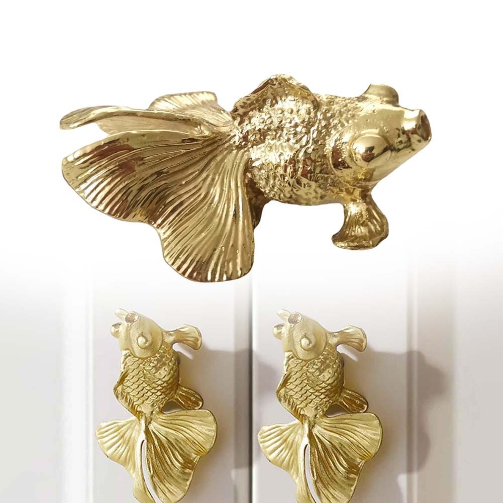 Striking Goldfish Patterned Cabinet Handle Knobs Solid Brass Construction
