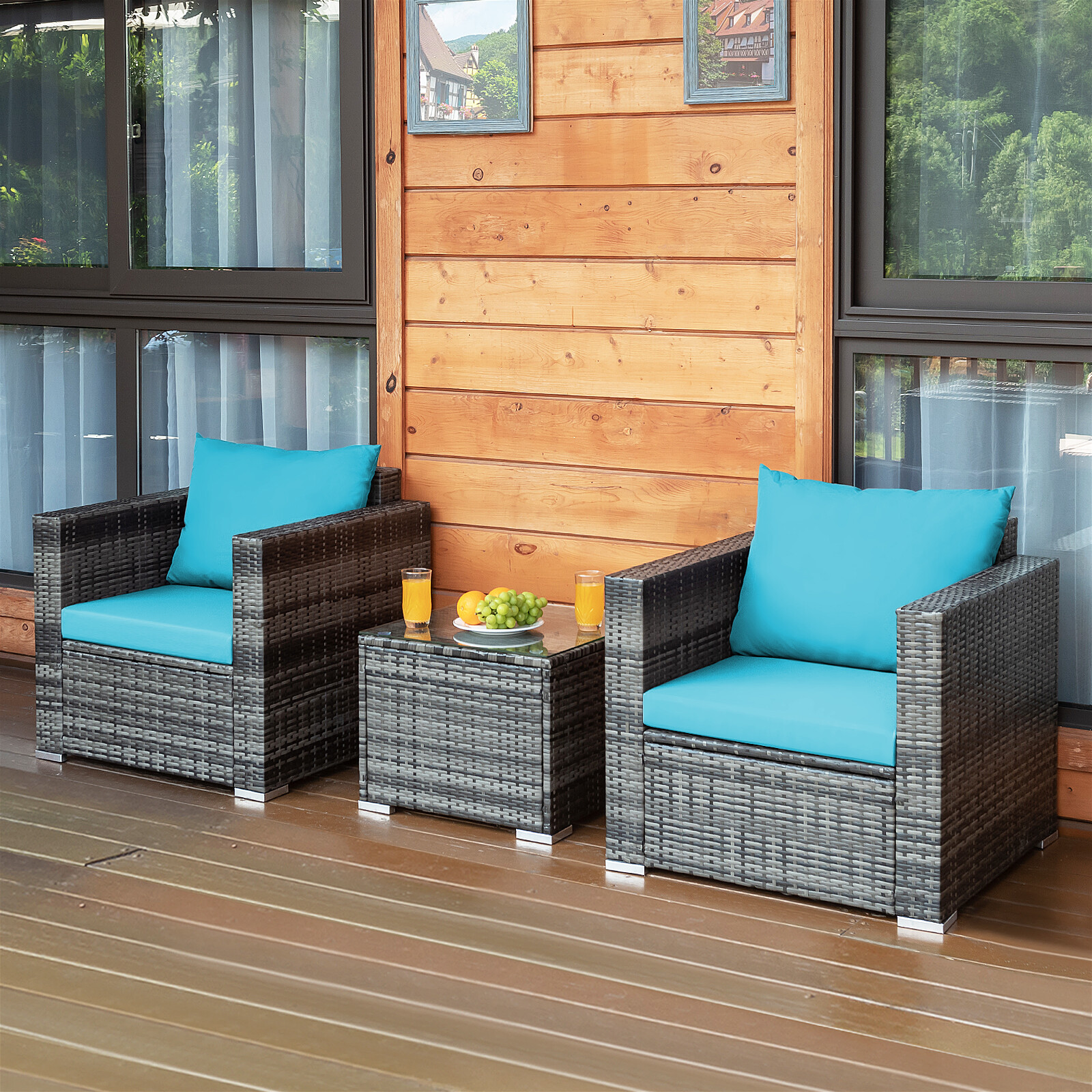 Patiojoy 3PCS Patio Rattan Furniture Set Outdoor Bistro Set w/Washable Cushion