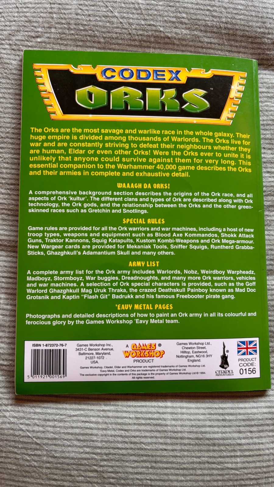 Games Workshop Warhammer 40k Orks Codex 2nd Edition 1994 lovely copy