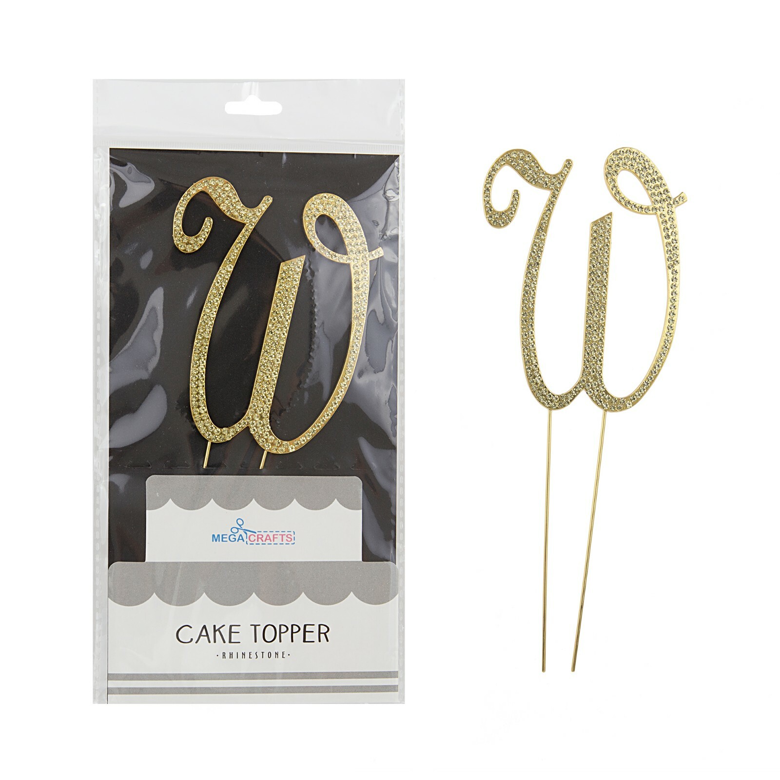 Mega Crafts - Sparkling Rhinestone Letter W Cake Topper - Gold, 1PC