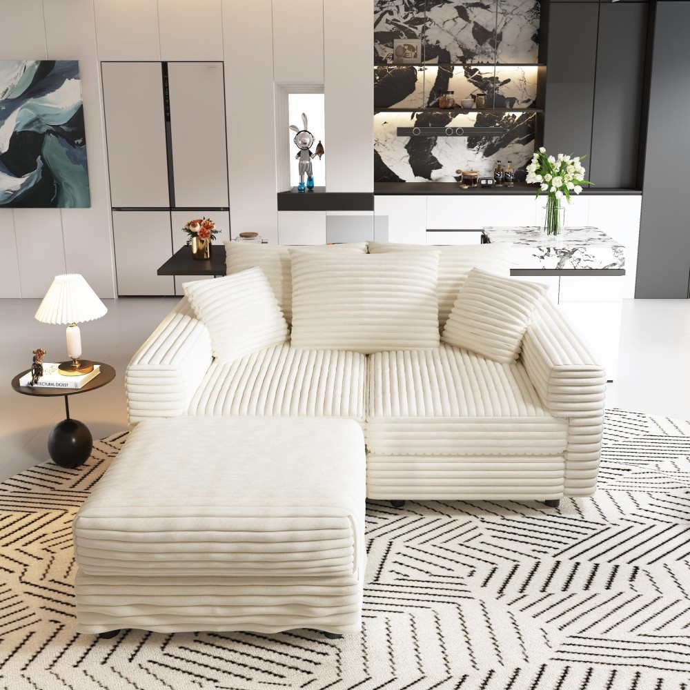 Modern Plush Corduroy 3-Seat Sofa w/ Ottoman,Convertible Lounge Chair-Beige