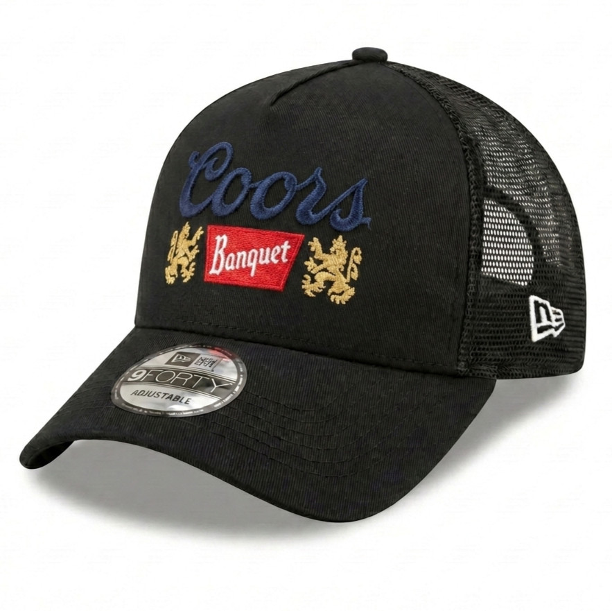 Coors Banquet Logo Trucker Hat, New Era Black Mesh Unisex Cap, Embroidered Logo