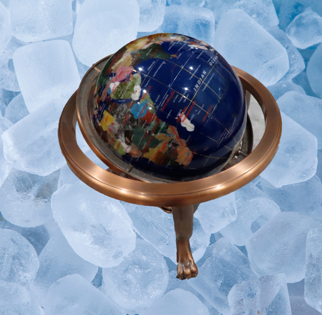 Semi-Precious Gemstone Inlaid World Globe With Compass in Copper Stand