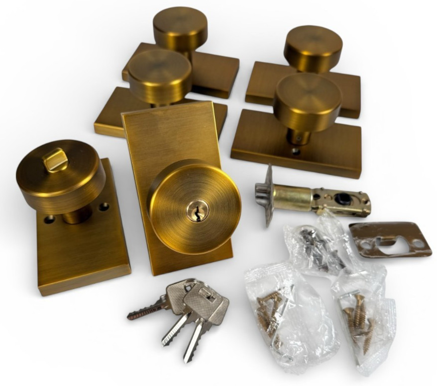 Front Door Door Lock w/ Key & 4 Matching Dummy Interior Door Knobs Antique Brass