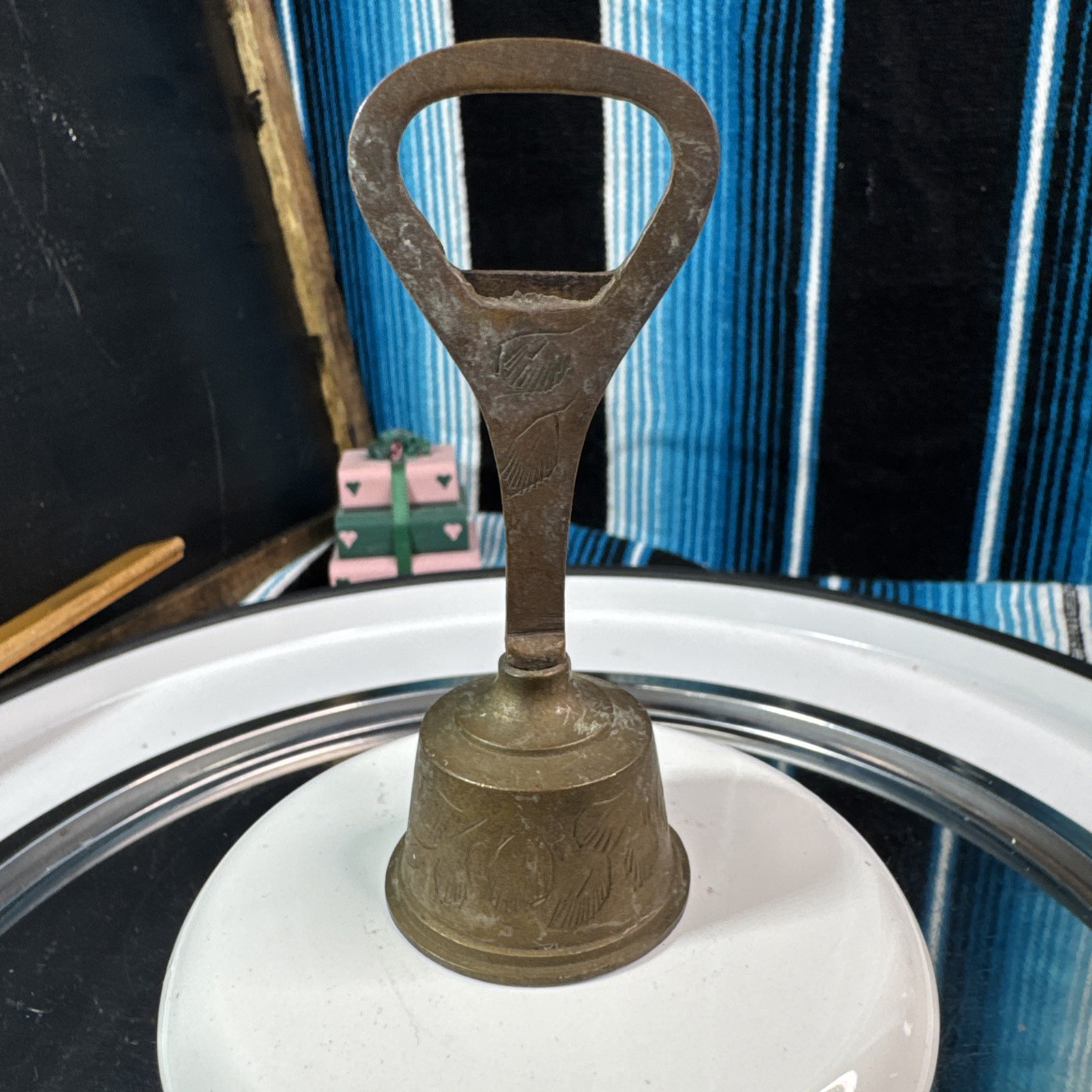 Etched Design Brass Bell Bottle Opener-VTG