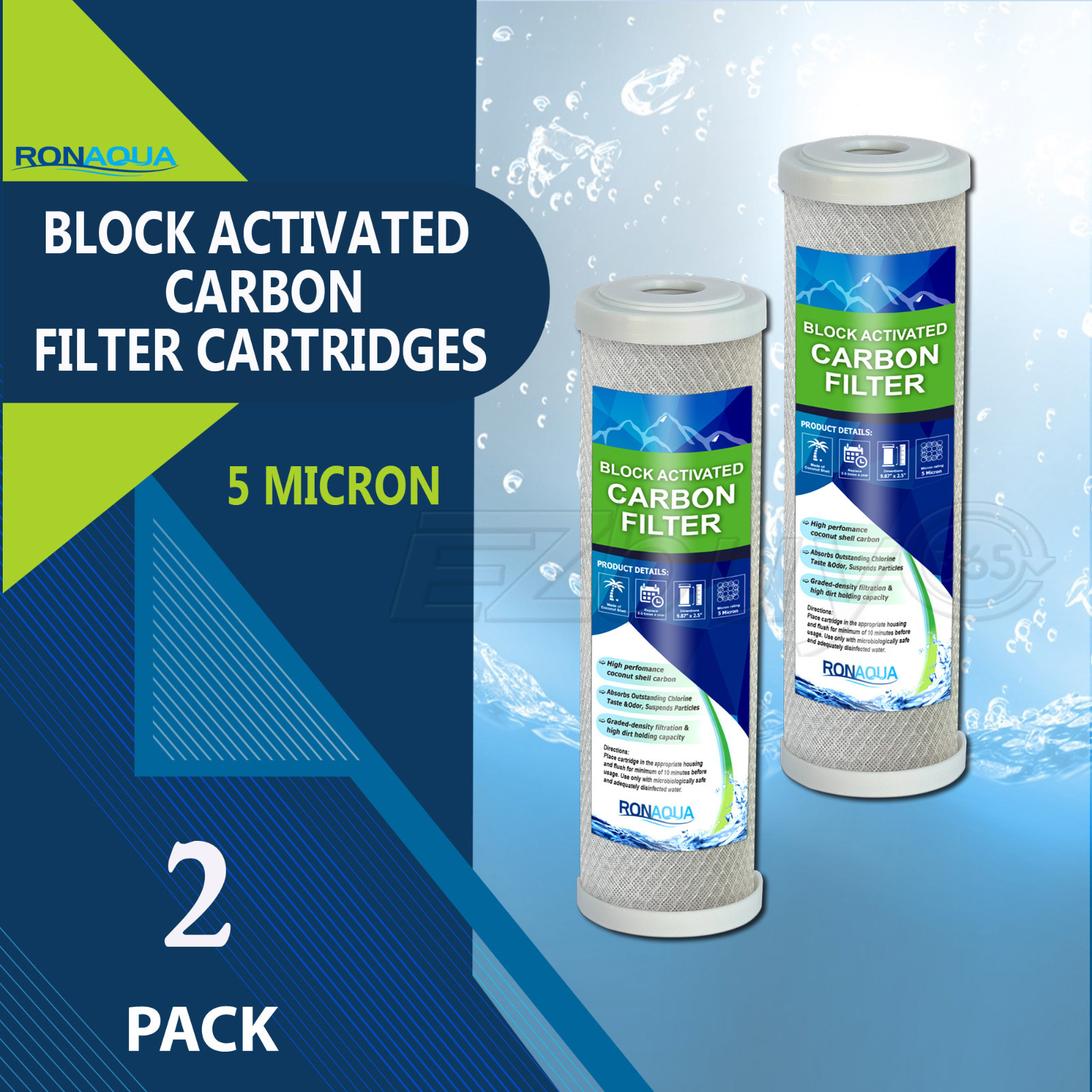 2PK- 9.875" x 2.5" Coconut Shell Carbon Block Water Filter for Whole house & RO