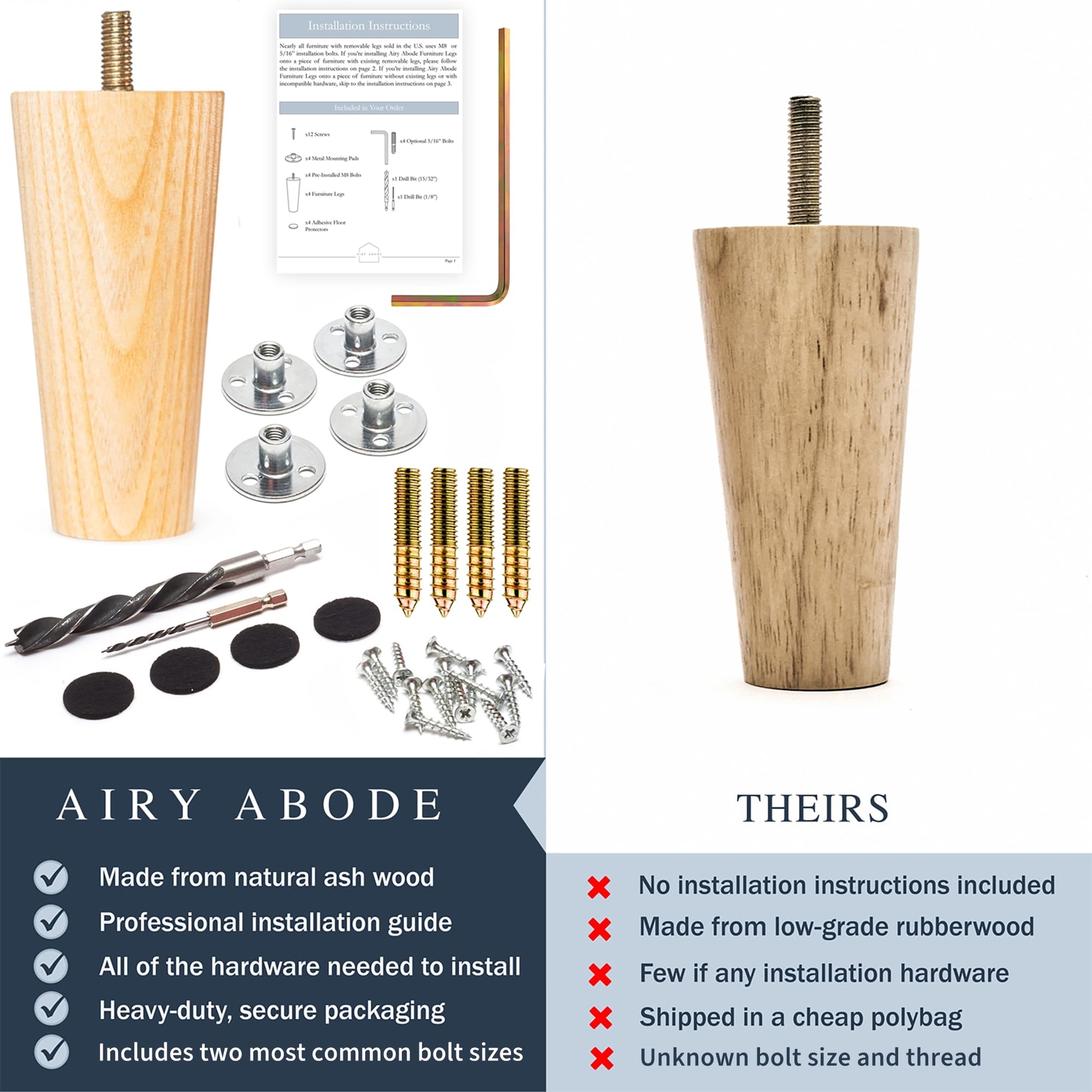 Premium Ash Wood Furniture Legs Full Install Kit - Pick Your Size and Color