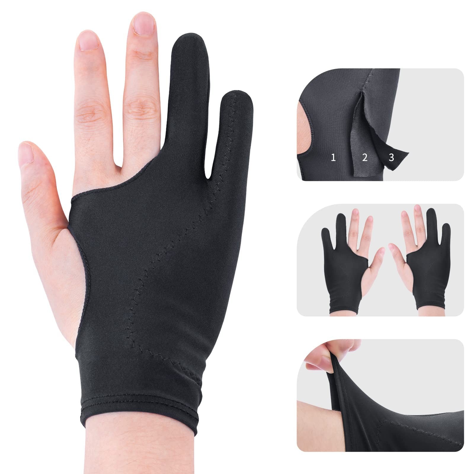 Artist Drawing Glove 3-Layer Palm Rejection [2 Pack Universal M, (Black)2pcs