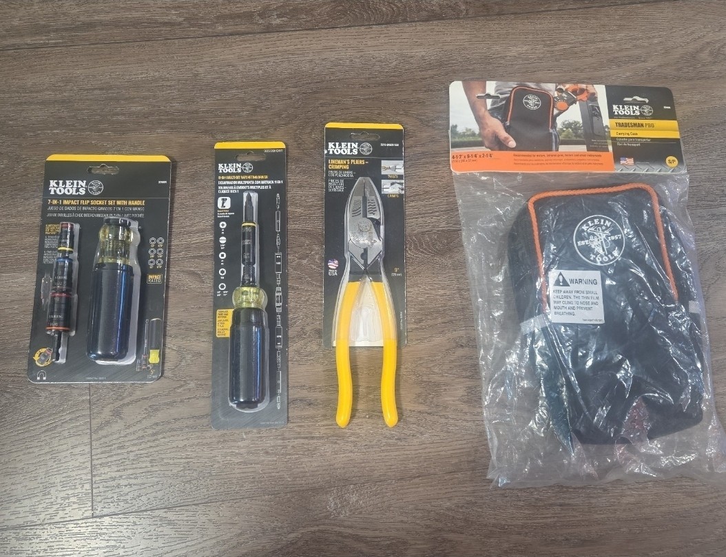 Klein Tools Bundle, Lineman plier, 11 in 1 ratcheting driver,7 in 1 sockets, bag
