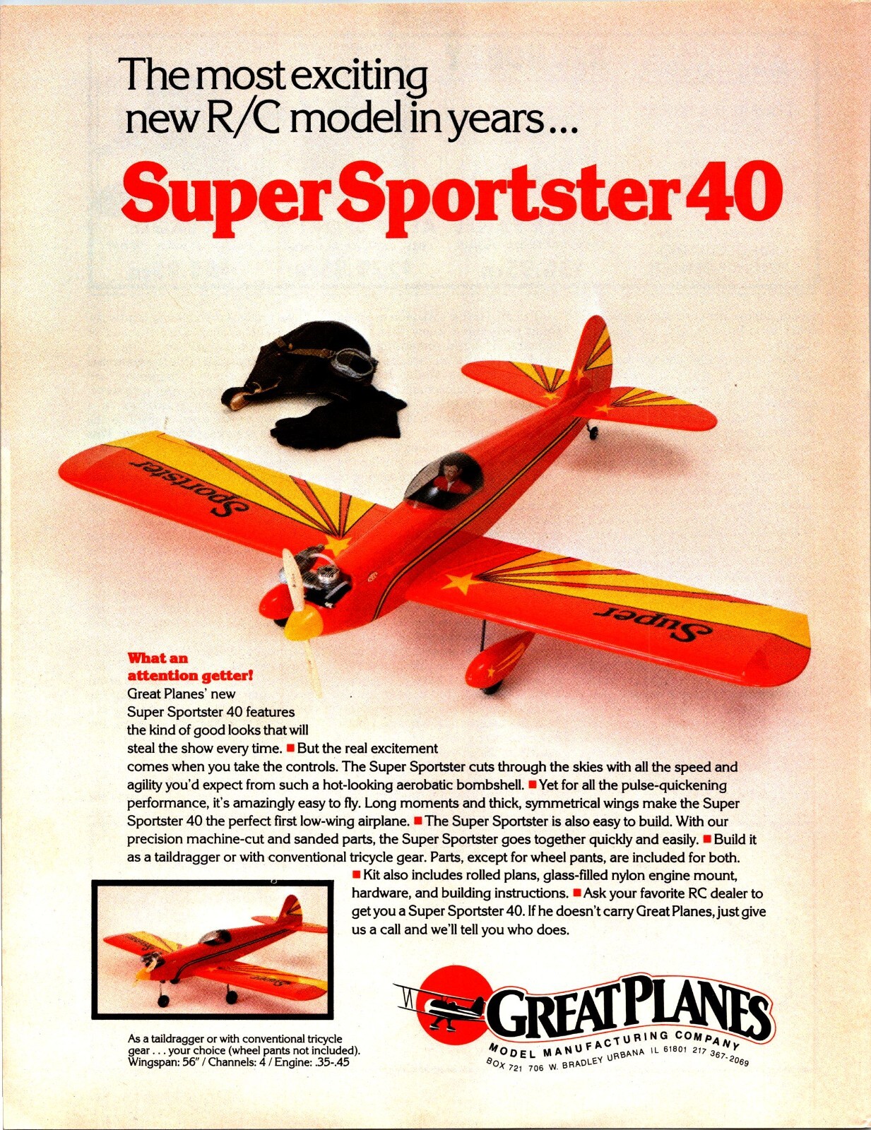 Super Sportster 40 RC Airplane Print Ad Wall Art Decor Ephemera Great Planes