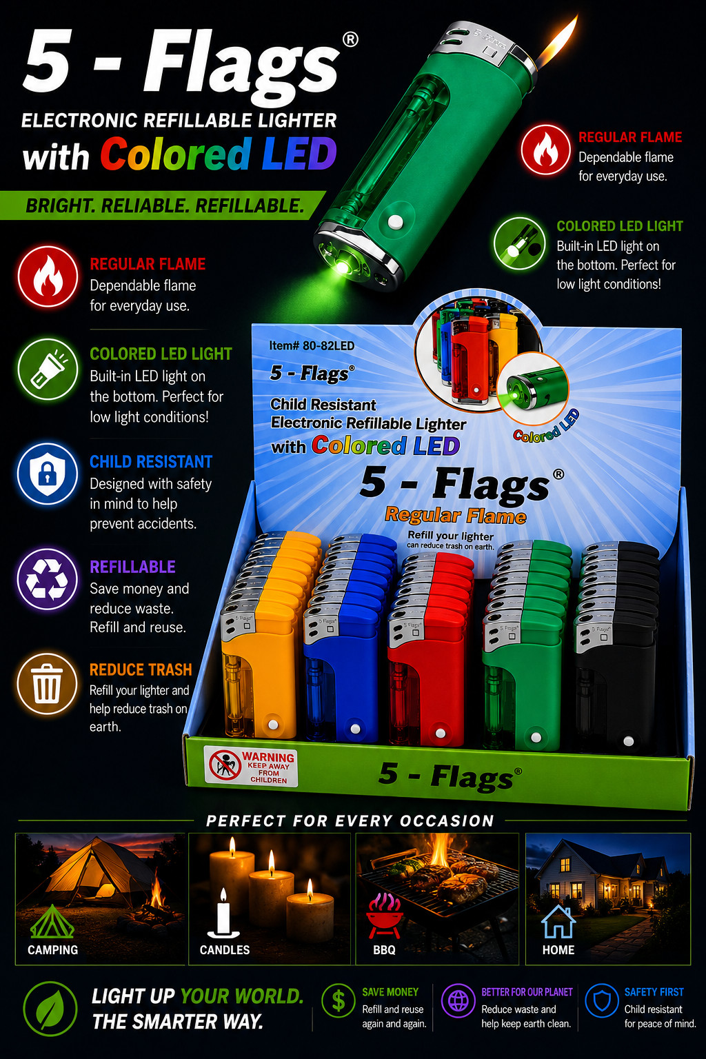 5 Flags - Led Lighters - Assorted Colors - 15 Count