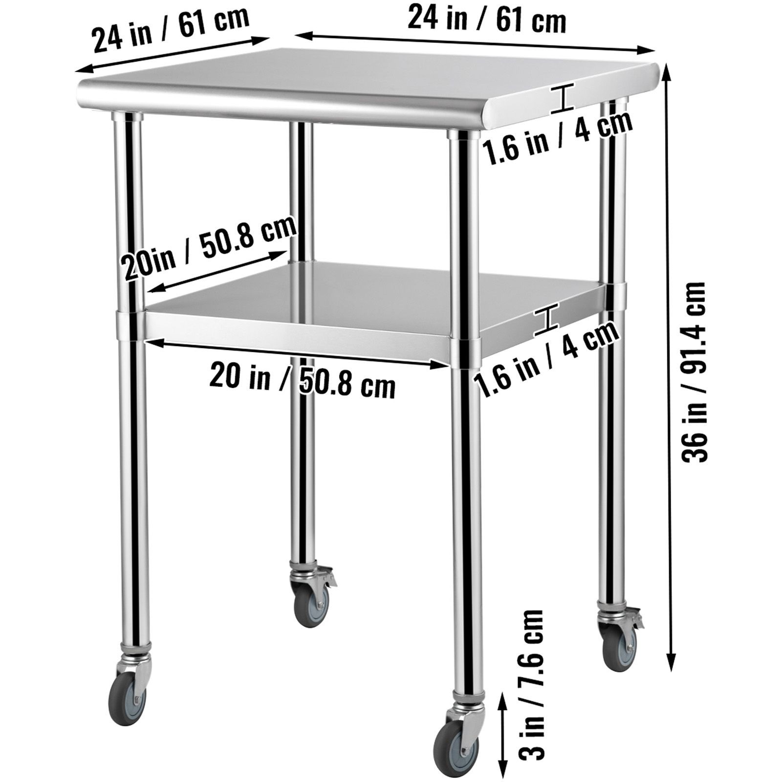 Heavy-Duty Stainless Prep Table, 24x24in Top, Adjustable Undershelf, 4 Wheels