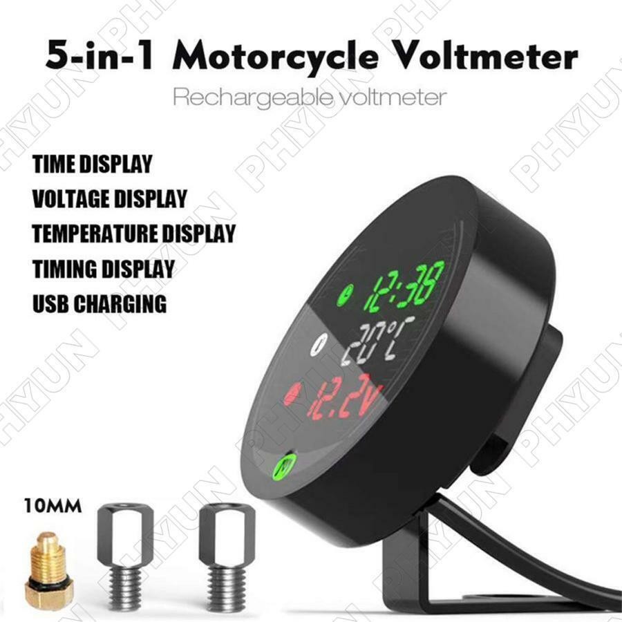 5 IN 1 Digital Motorcycle Water Temperature Voltage Meter w/22mm Sensor Adapter