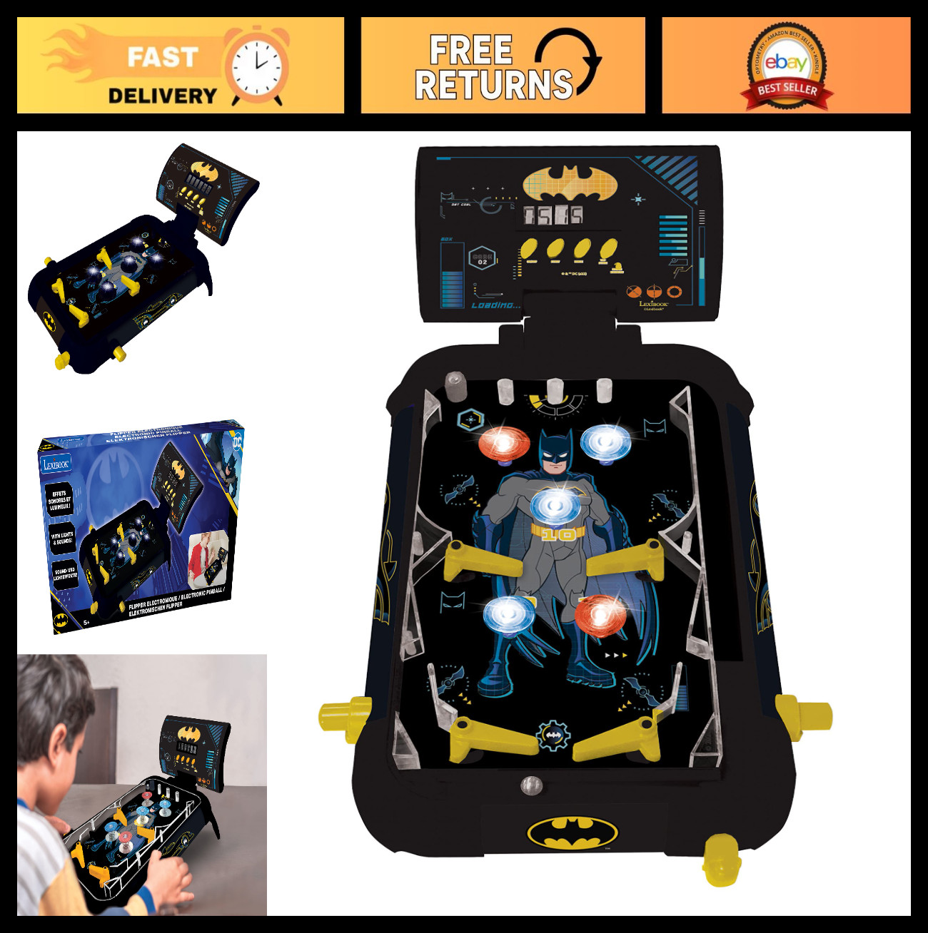 Electronic Pinball Machine - Batman Theme, Fun Sounds & Lights, 5 Obstacles, Bat