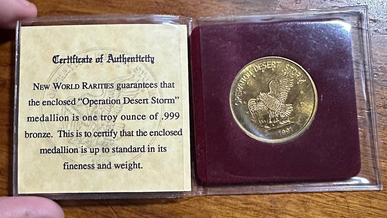 Militaria OPERATION DESERT STORM 1991 BRONZE MEDALLION one Troy Ounce .999 COA