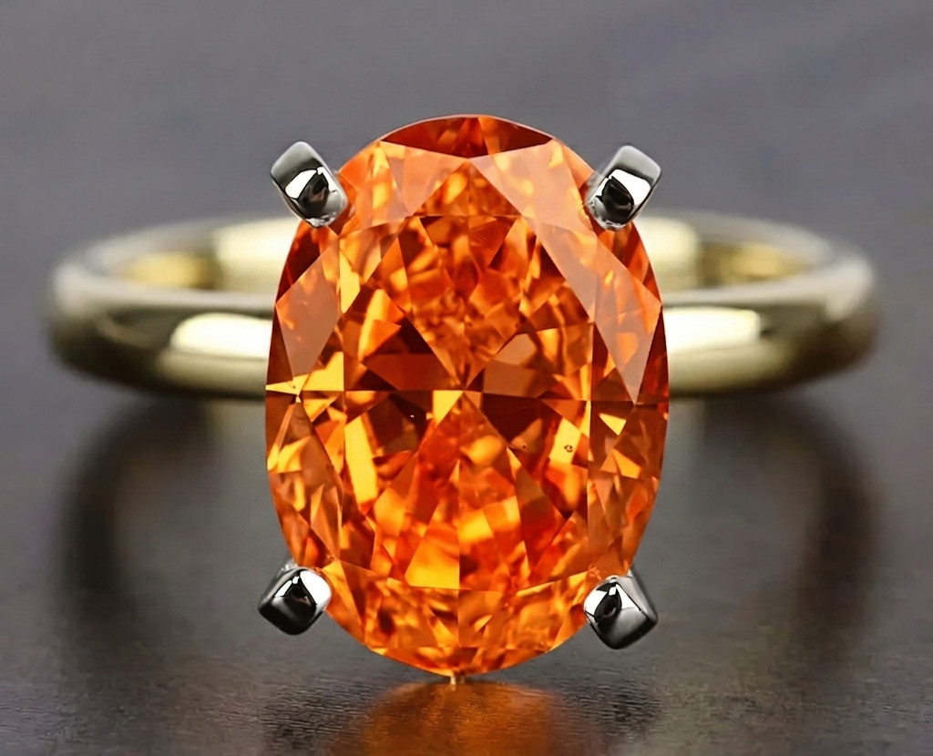 8.00 Ct Certified Oval Shape Natural Orange Diamond Ring VVS1 Yellow Gold Finish