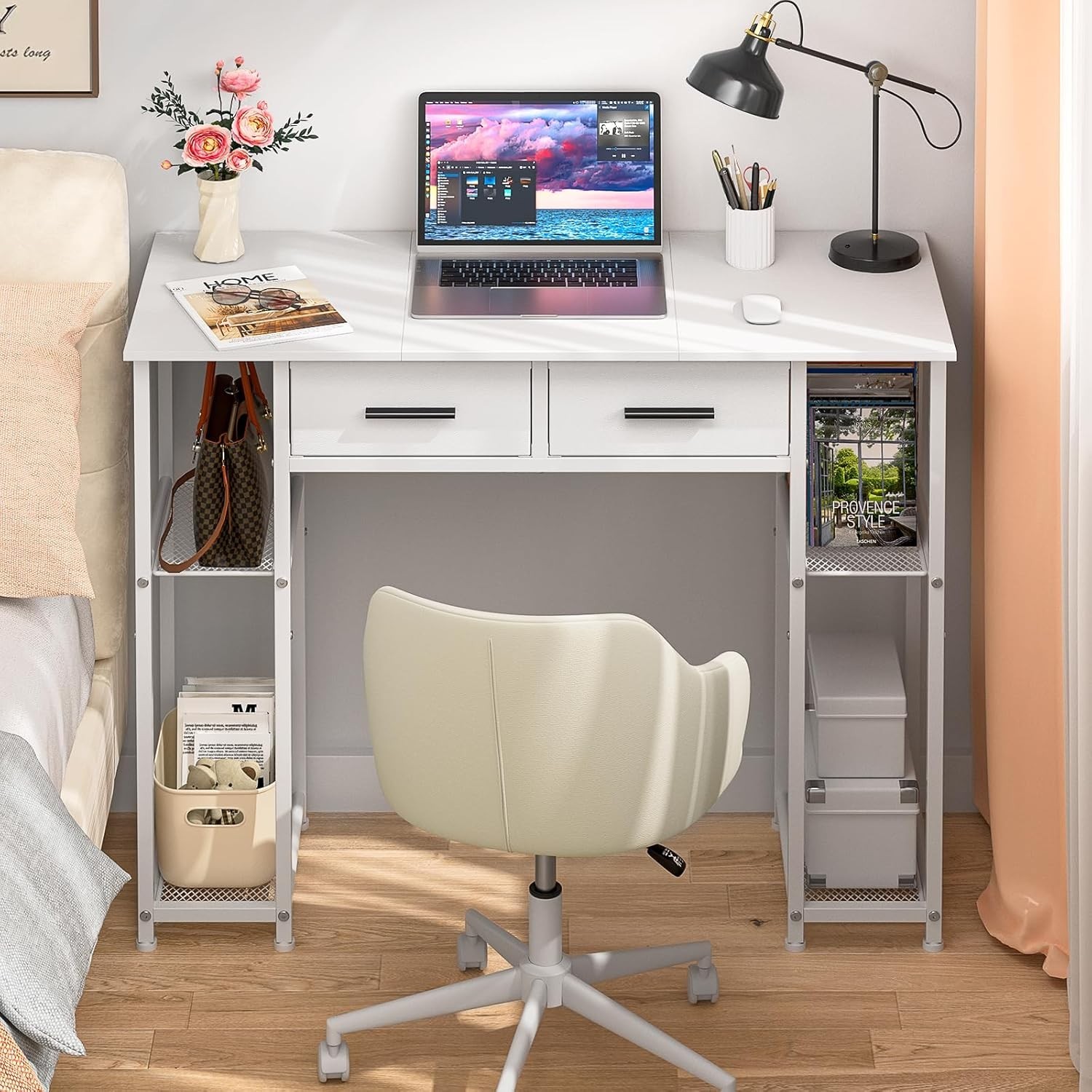 White Computer Desk W/ Drawers 37.3 Inch Home Office Work Desk W/ Storage Shelf