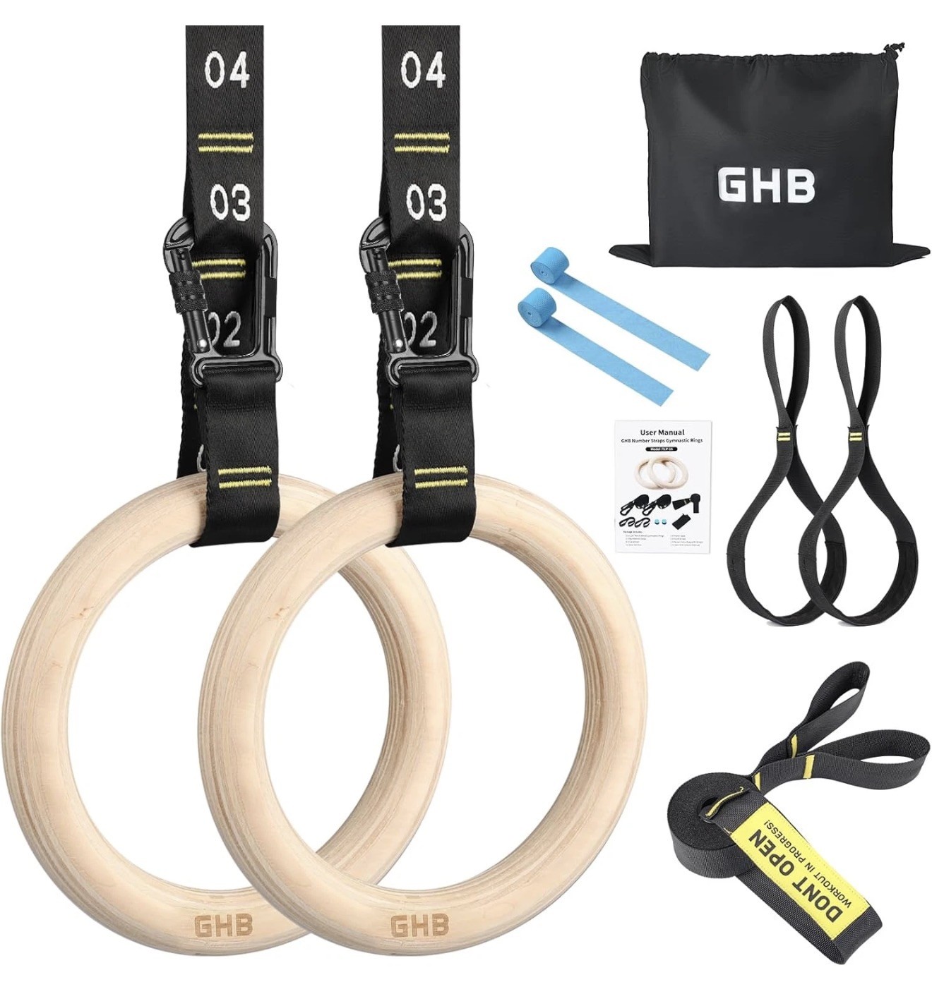 GHB Gymnastic Rings Wooden Gym Rings 1.25" Olympic Rings Adjustable Straps Pull