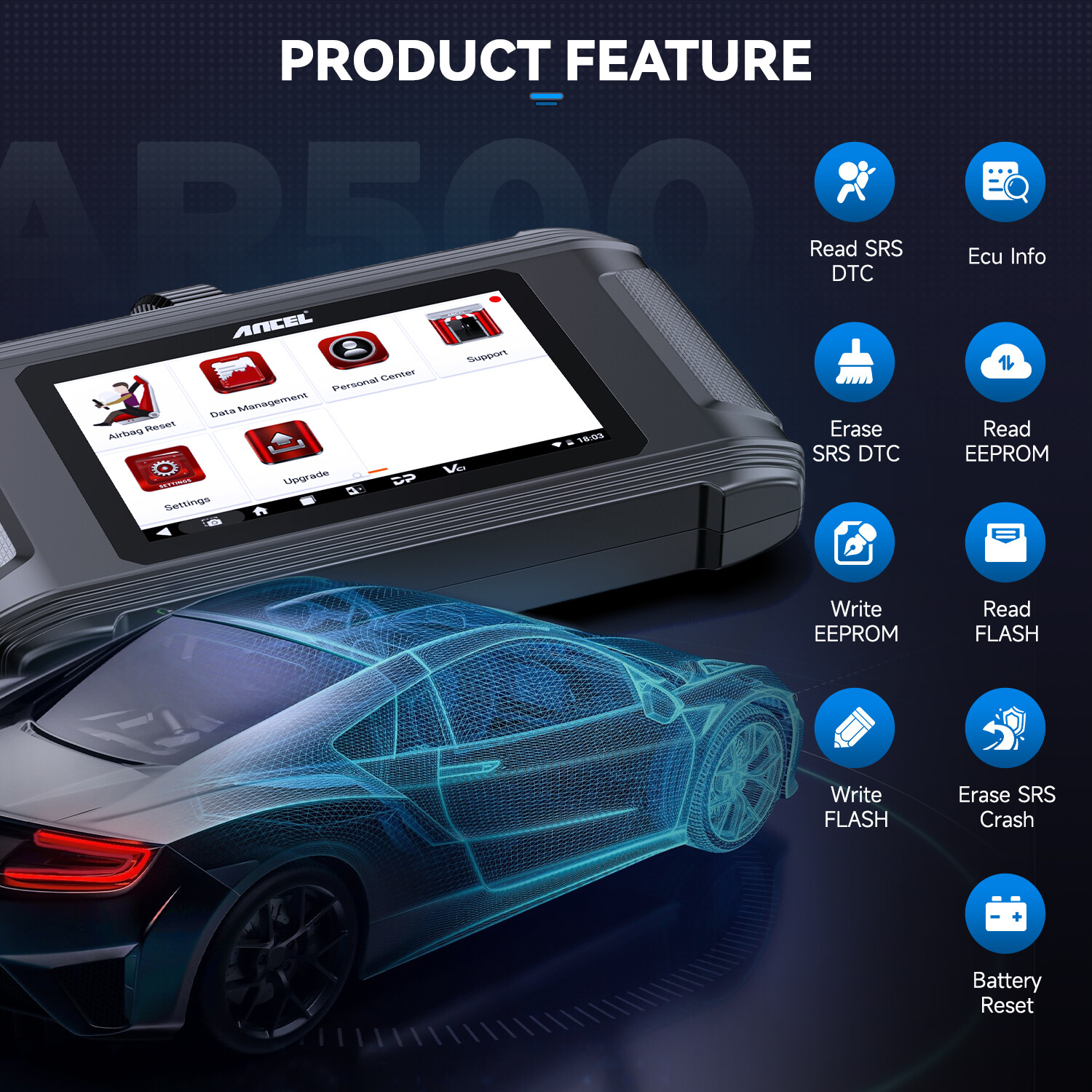 AR500 Airbag Module Repair Tool Car OBD2 Diagnostic Scanner SRS Crash Code Clear