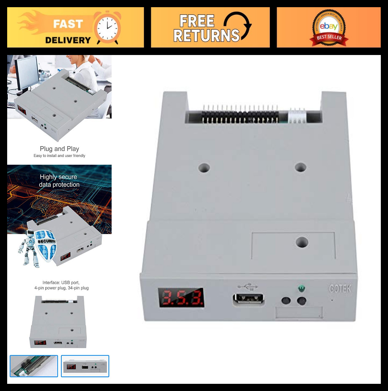 3.5" SSD Floppy Drive Emulator USB, 1.44MB FAT32, Plug & Play, Easy Install for