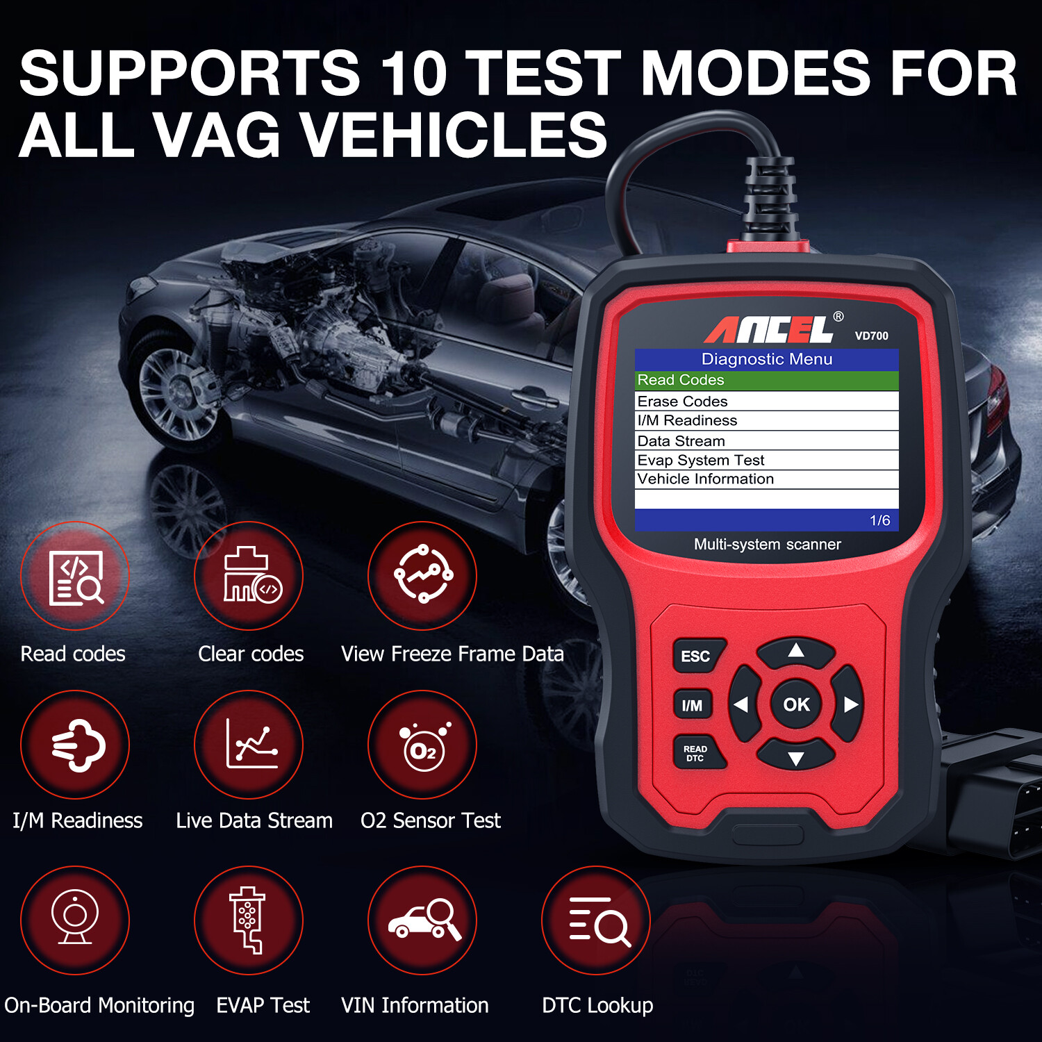 Ancel VD700 All System Diagnostic ABS SRS DPF Oil Car OBD2 Scanner Code Reader