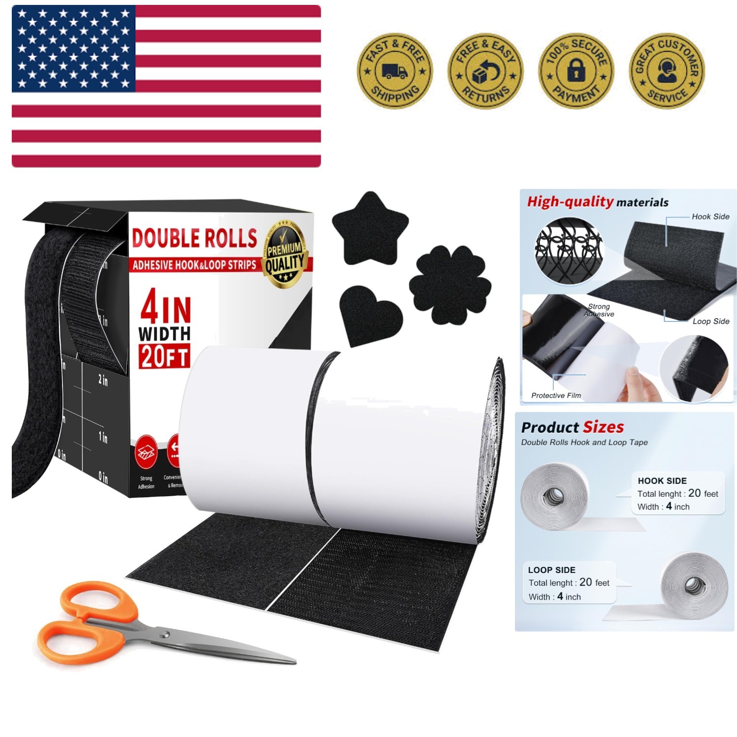4 Inch x 20Feet Hook and Loop Strips with Adhesive,Keep Couch Cushions from S...